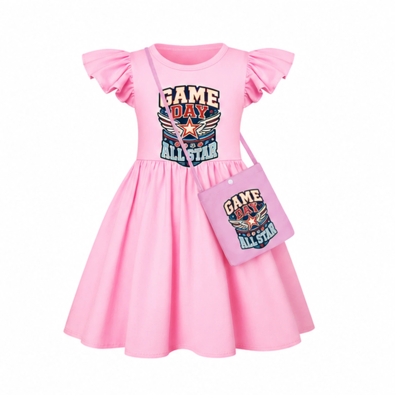 Game Day All Star Custom Girls Short-Sleeve Sleep Dress with Crossbody Bag, AI-redrawn from the exact blank product and approved logo reference, alternate approved color view