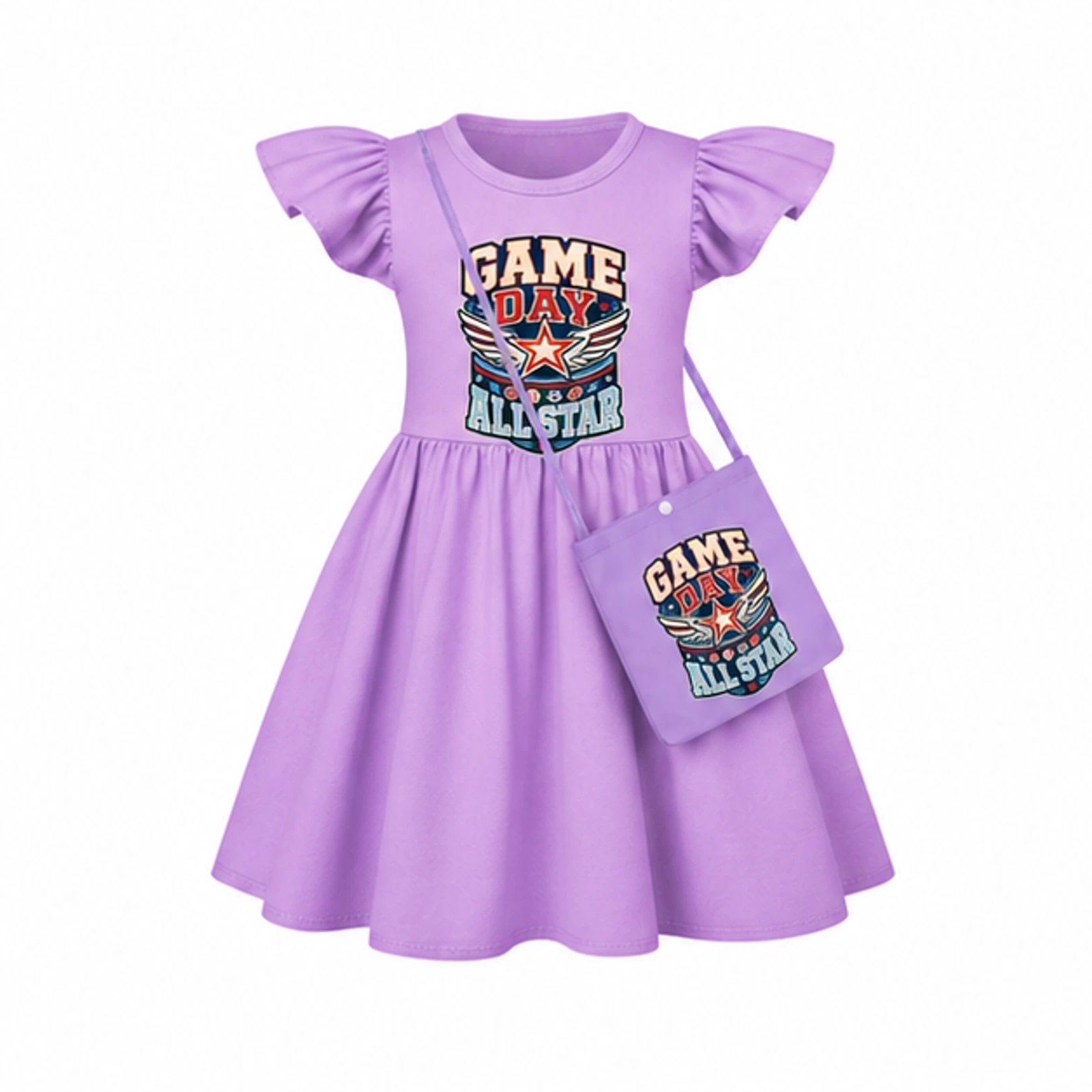 Game Day All Star Custom Girls Short-Sleeve Sleep Dress with Crossbody Bag, AI-redrawn from the exact blank product and approved logo reference, alternate clean ecommerce view