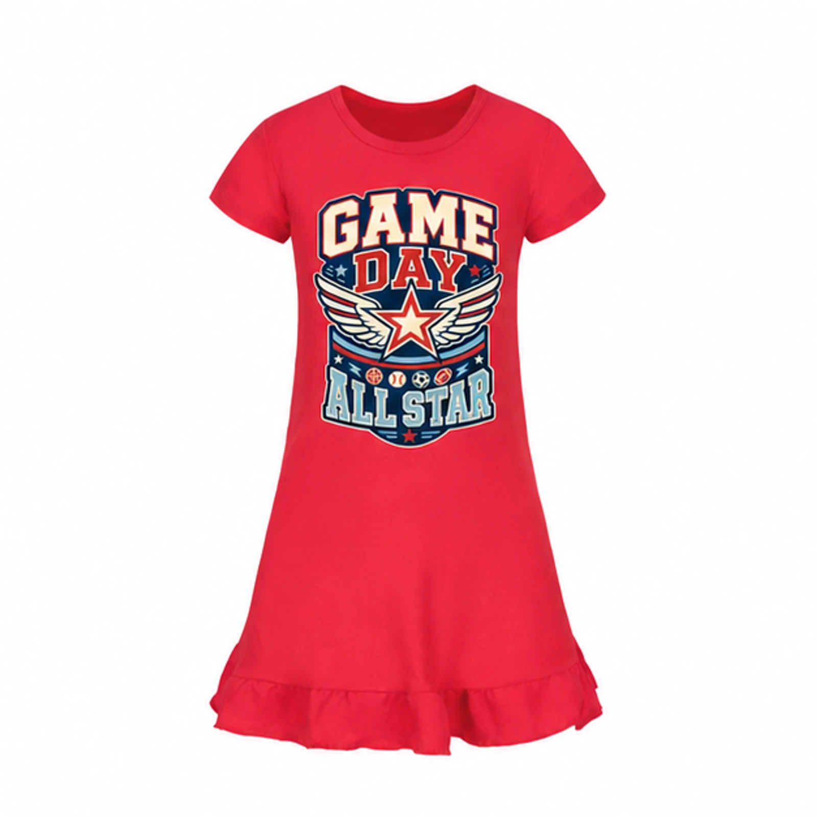 Red option for Game Day All Star Custom Girls Short-Sleeve Sleep Dress, AI-redrawn from the exact blank product and approved logo reference