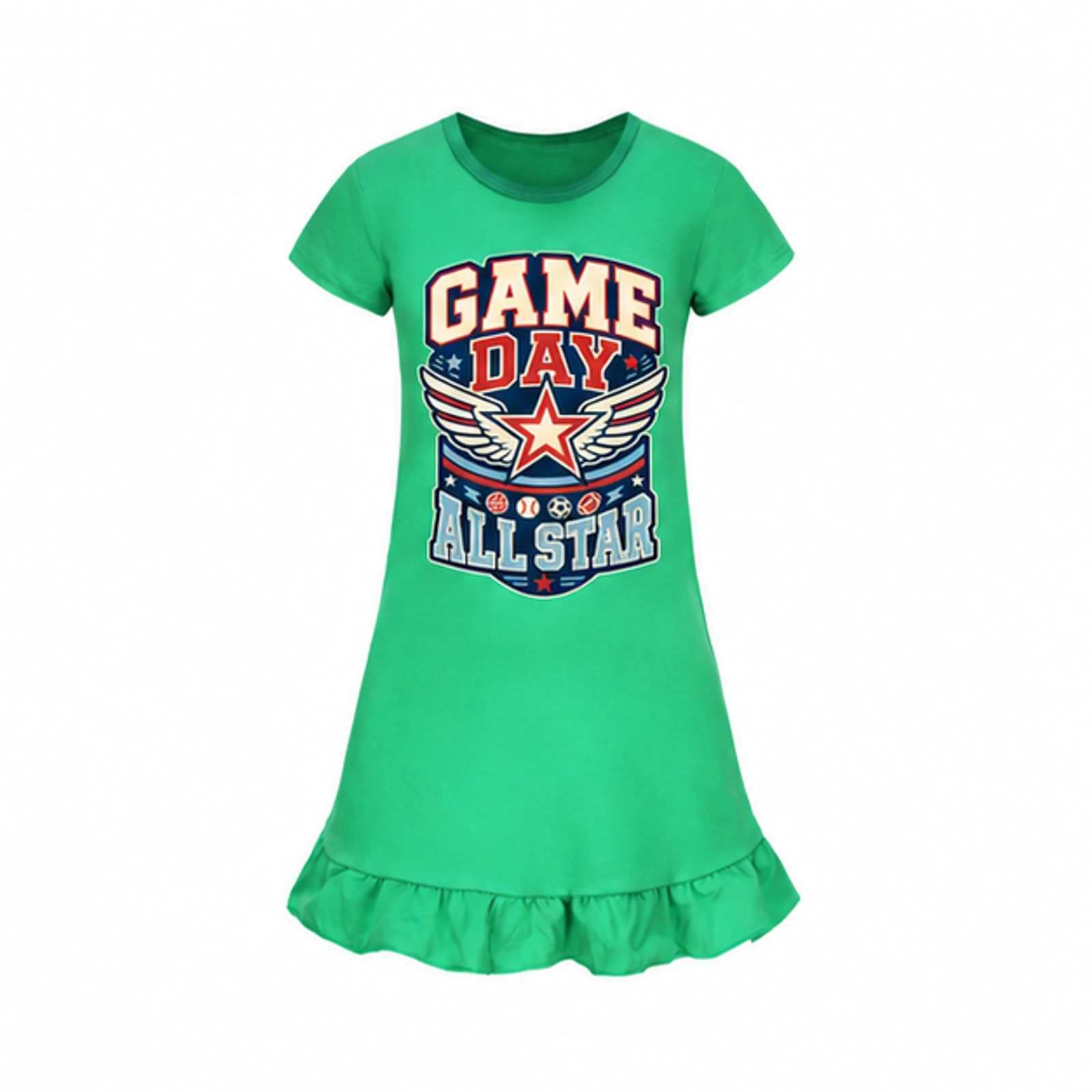 Green option for Game Day All Star Custom Girls Short-Sleeve Sleep Dress, AI-redrawn from the exact blank product and approved logo reference