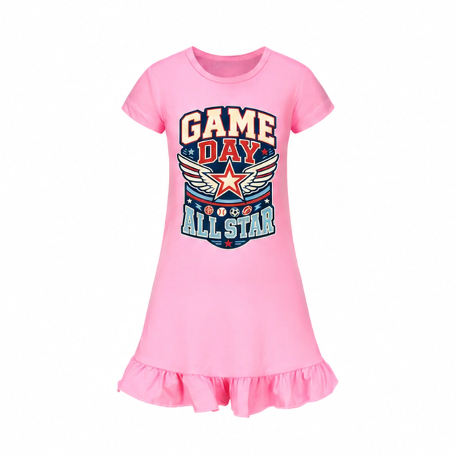 Game Day All Star Custom Girls Short-Sleeve Sleep Dress, AI-redrawn from the exact blank product and approved logo reference, alternate clean ecommerce view