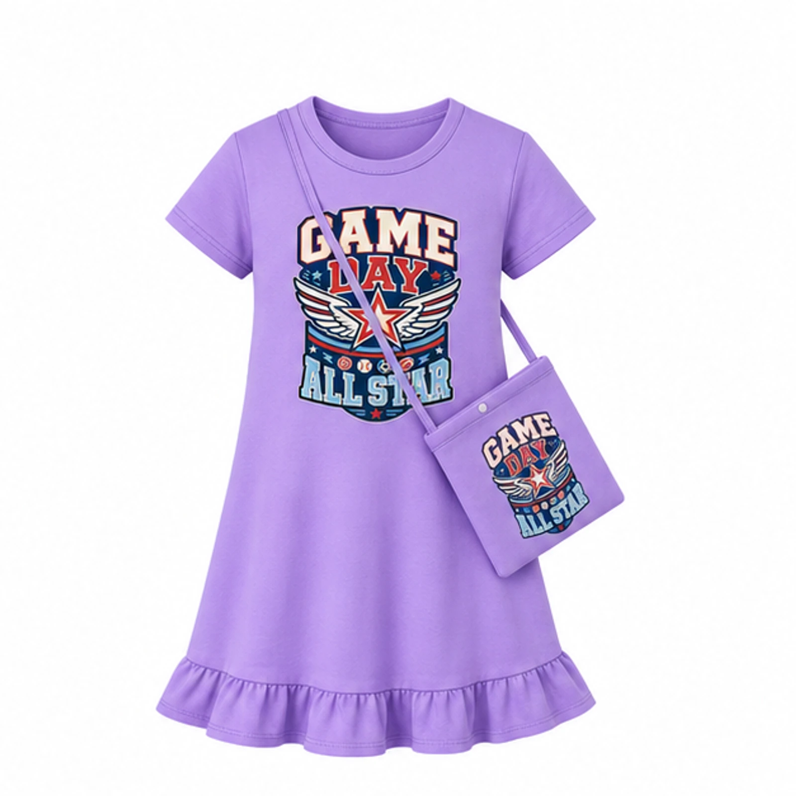 Purple · with Bag option for Game Day All Star Custom Girls Short-Sleeve Sleep Dress with Matching Bag, AI-redrawn from the exact blank product and approved logo reference