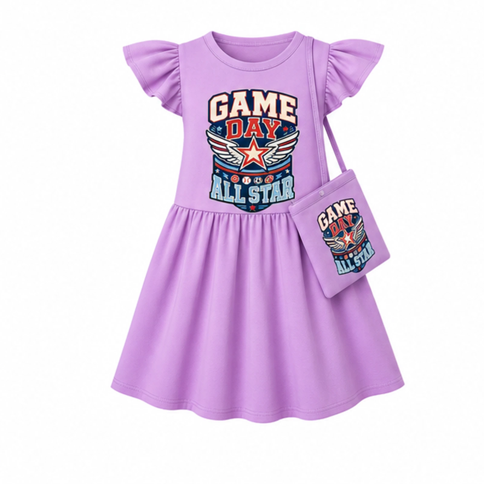 Game Day All Star Custom Girls Short-Sleeve Sleep Dress with Matching Bag, AI-redrawn from the exact blank product and approved logo reference, alternate clean ecommerce view