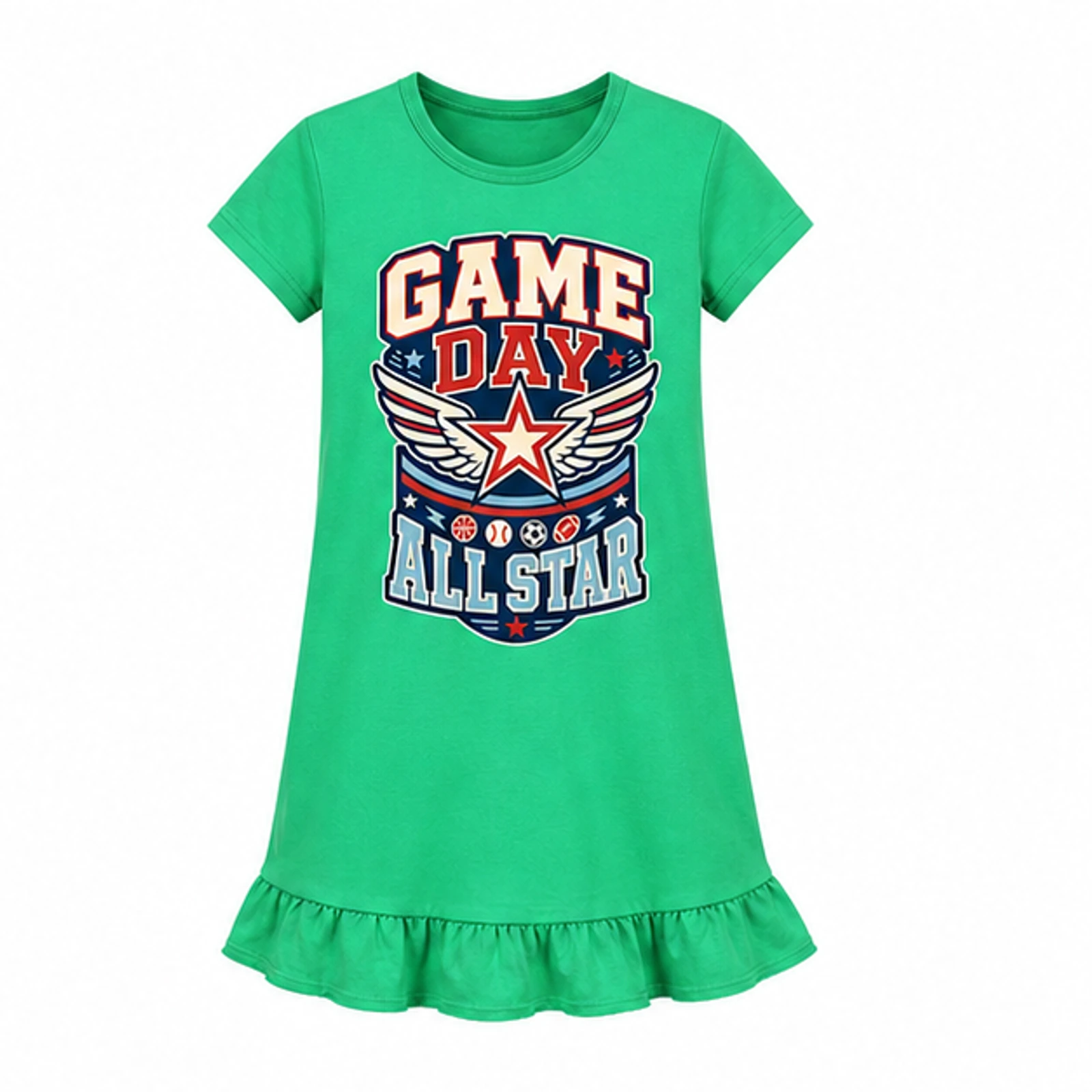 Green option for Game Day All Star Custom Girls Short-Sleeve Sleep Dress, AI-redrawn from the exact blank product and approved logo reference