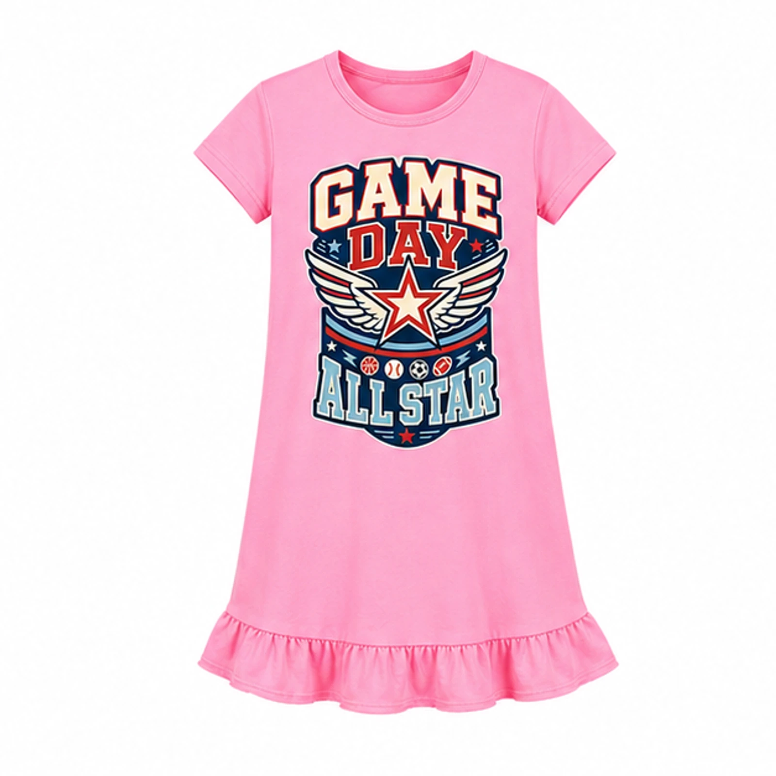 Game Day All Star Custom Girls Short-Sleeve Sleep Dress, AI-redrawn from the exact blank product and approved logo reference, alternate clean ecommerce view