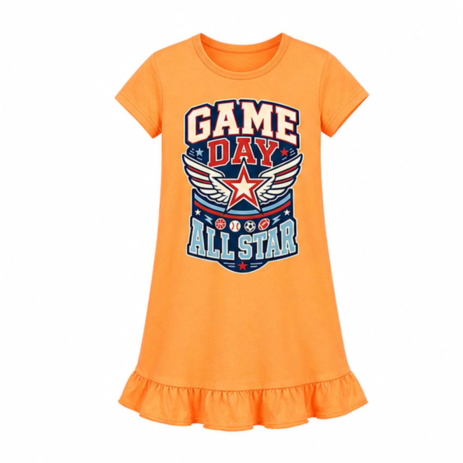 Game Day All Star Custom Girls Short-Sleeve Sleep Dress, AI-redrawn from the exact blank product and approved logo reference