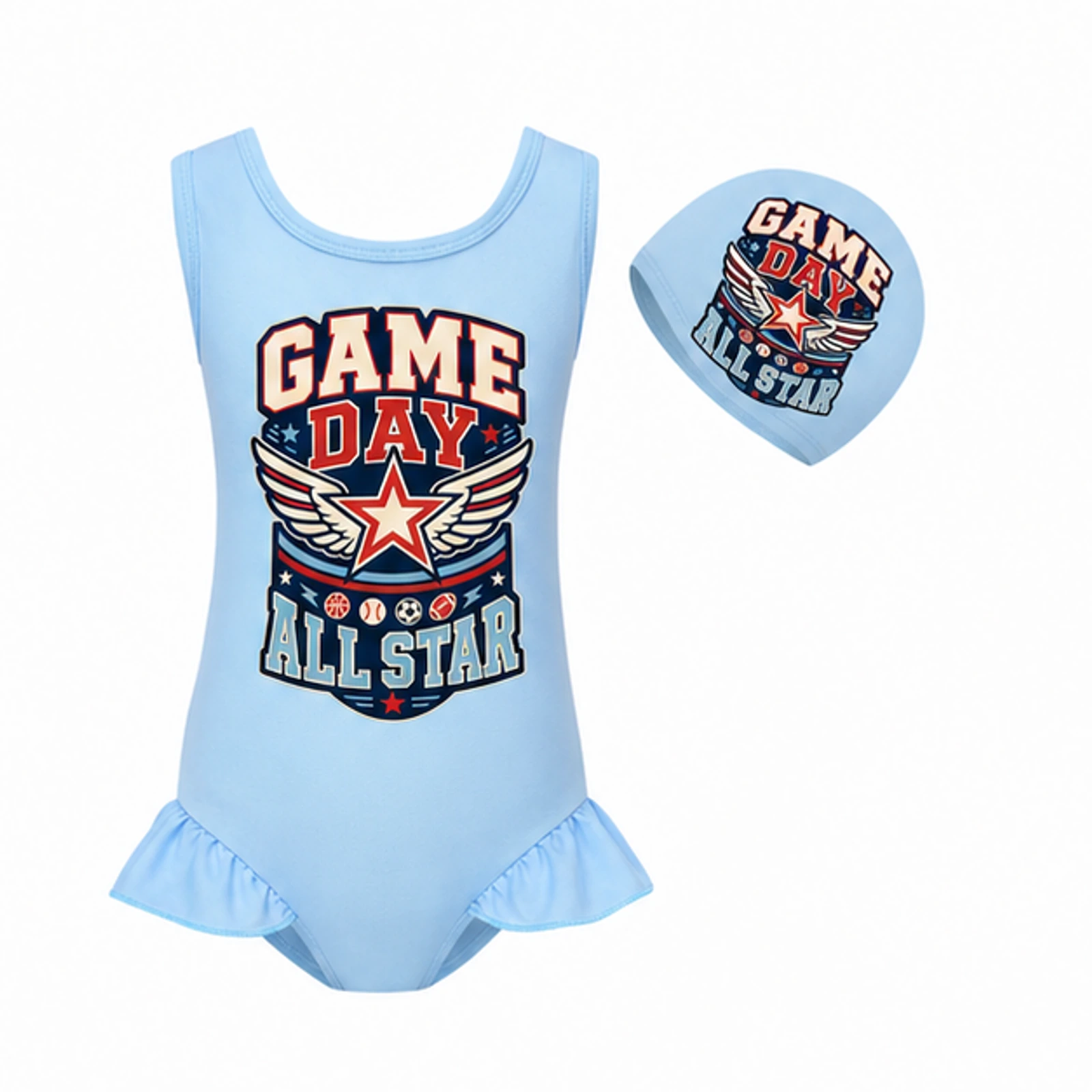 Light Blue · Set option for Game Day All Star Custom Girls Wide-Strap Swimsuit and Cap Set, AI-redrawn from the exact blank product and approved logo reference