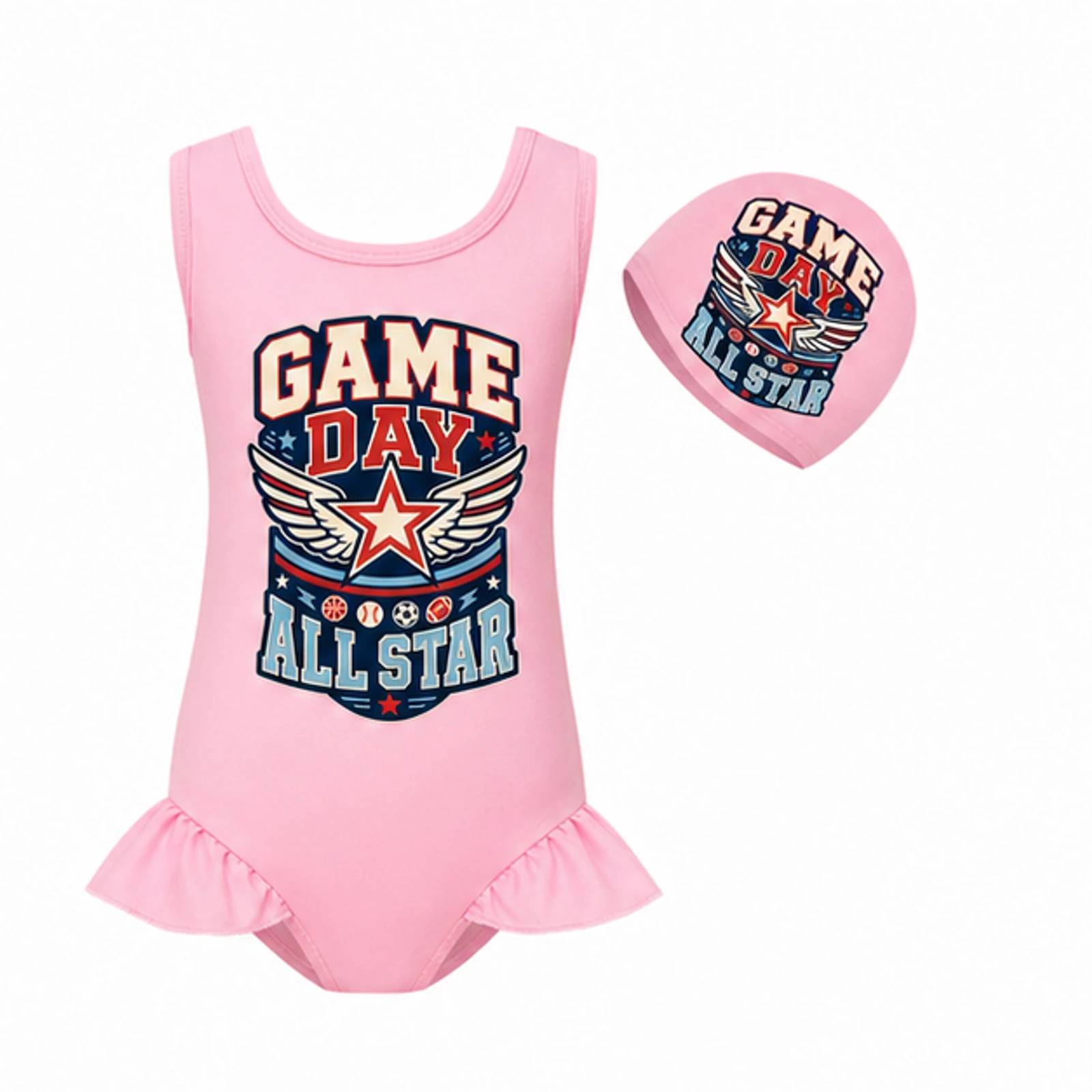 Game Day All Star Custom Girls Wide-Strap Swimsuit and Cap Set, AI-redrawn from the exact blank product and approved logo reference, alternate approved color view