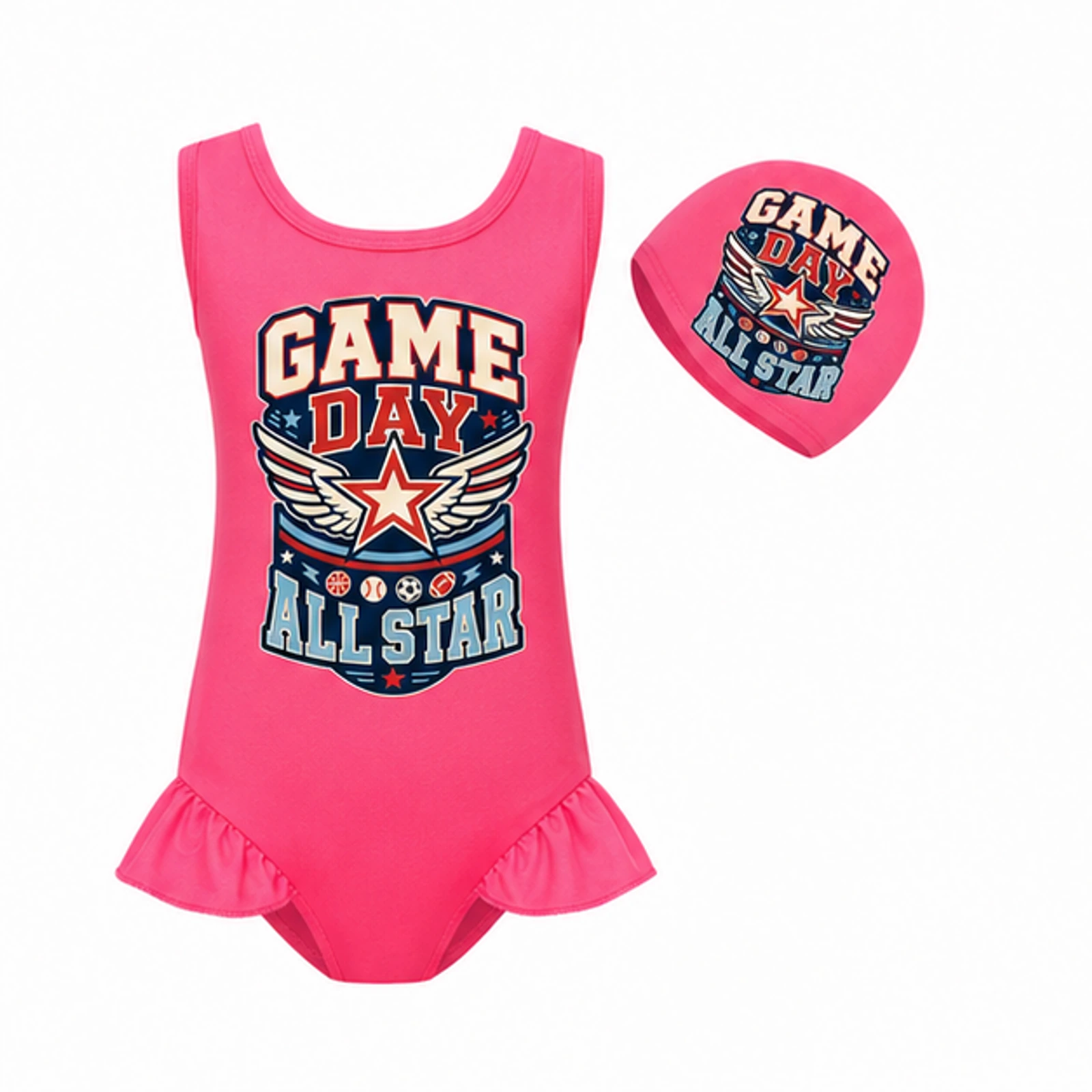 Game Day All Star Custom Girls Wide-Strap Swimsuit and Cap Set, AI-redrawn from the exact blank product and approved logo reference, alternate clean ecommerce view