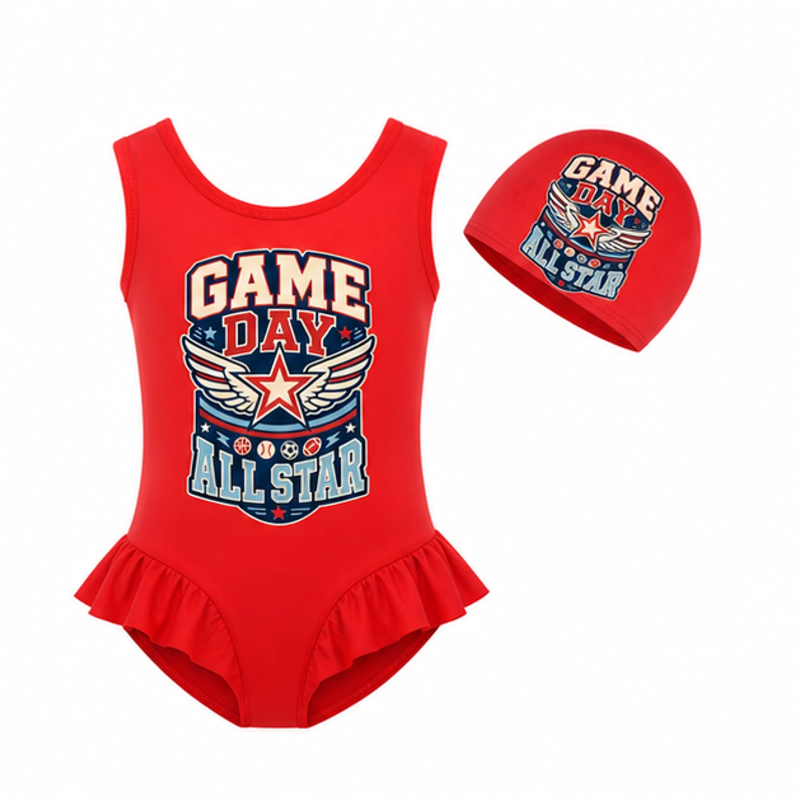 Red · Set option for Game Day All Star Custom Girls Ruffle Swimsuit and Cap Set, AI-redrawn from the exact blank product and approved logo reference