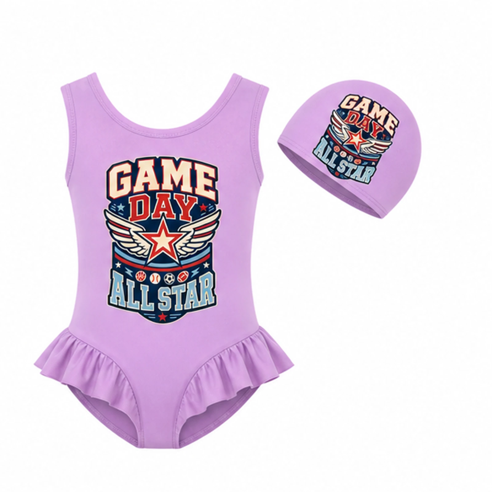 Purple · Set option for Game Day All Star Custom Girls Ruffle Swimsuit and Cap Set, AI-redrawn from the exact blank product and approved logo reference