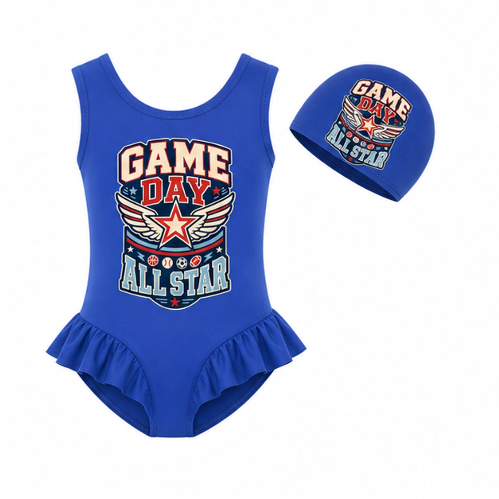 Game Day All Star Custom Girls Ruffle Swimsuit and Cap Set, AI-redrawn from the exact blank product and approved logo reference, alternate clean ecommerce view