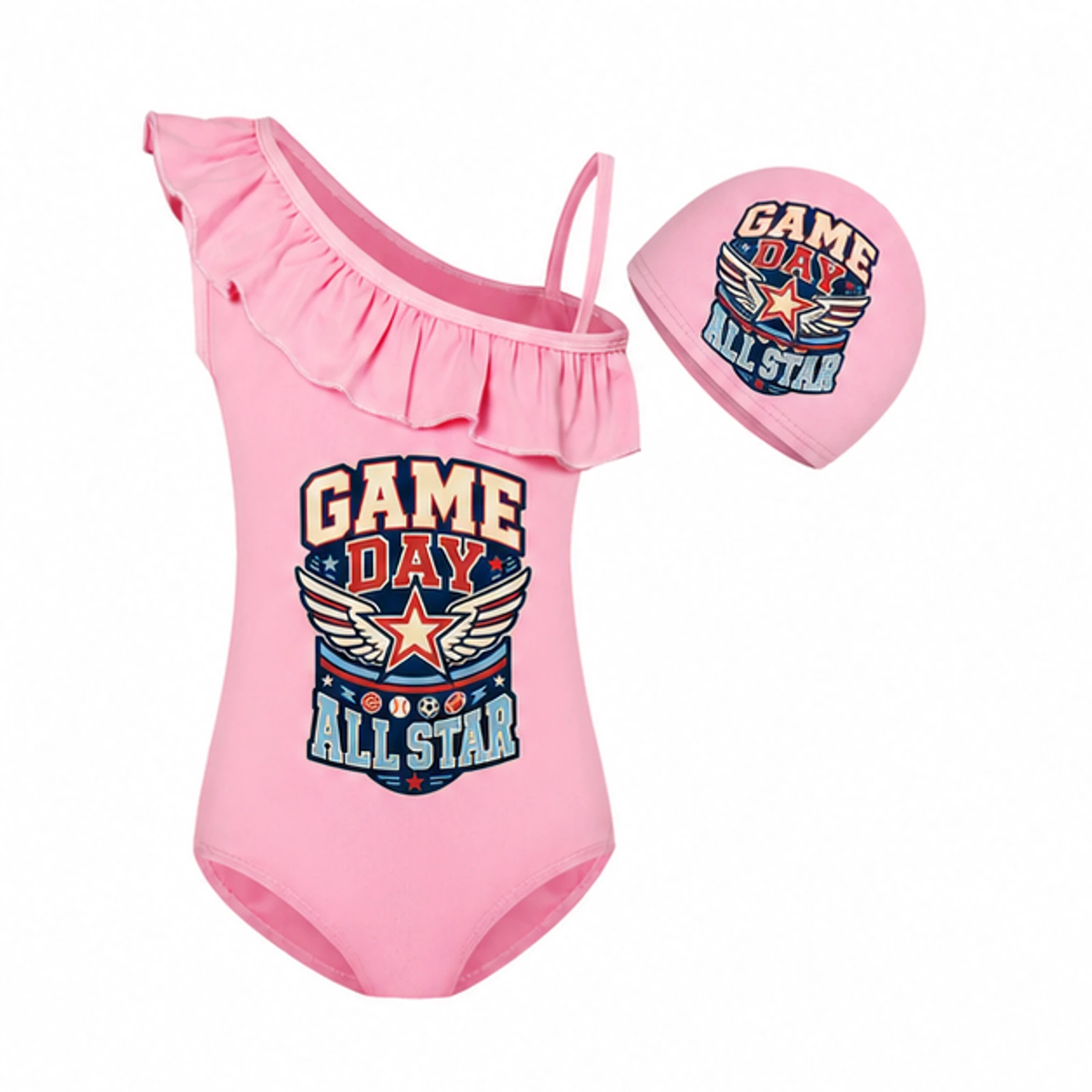 Pink · Set option for Game Day All Star Custom Girls Asymmetric-Ruffle Swimsuit and Cap Set, AI-redrawn from the exact blank product and approved logo reference