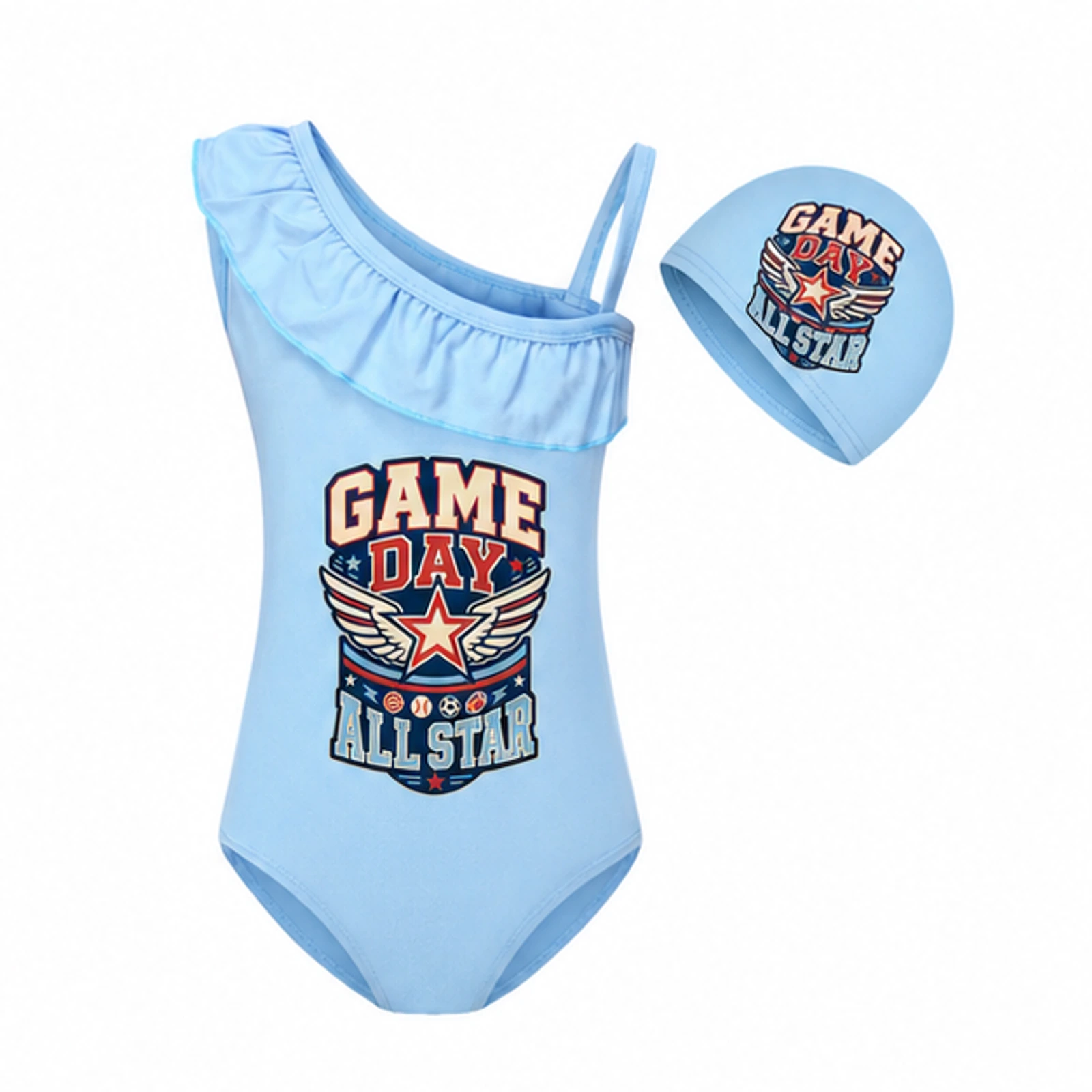 Light Blue · Set option for Game Day All Star Custom Girls Asymmetric-Ruffle Swimsuit and Cap Set, AI-redrawn from the exact blank product and approved logo reference