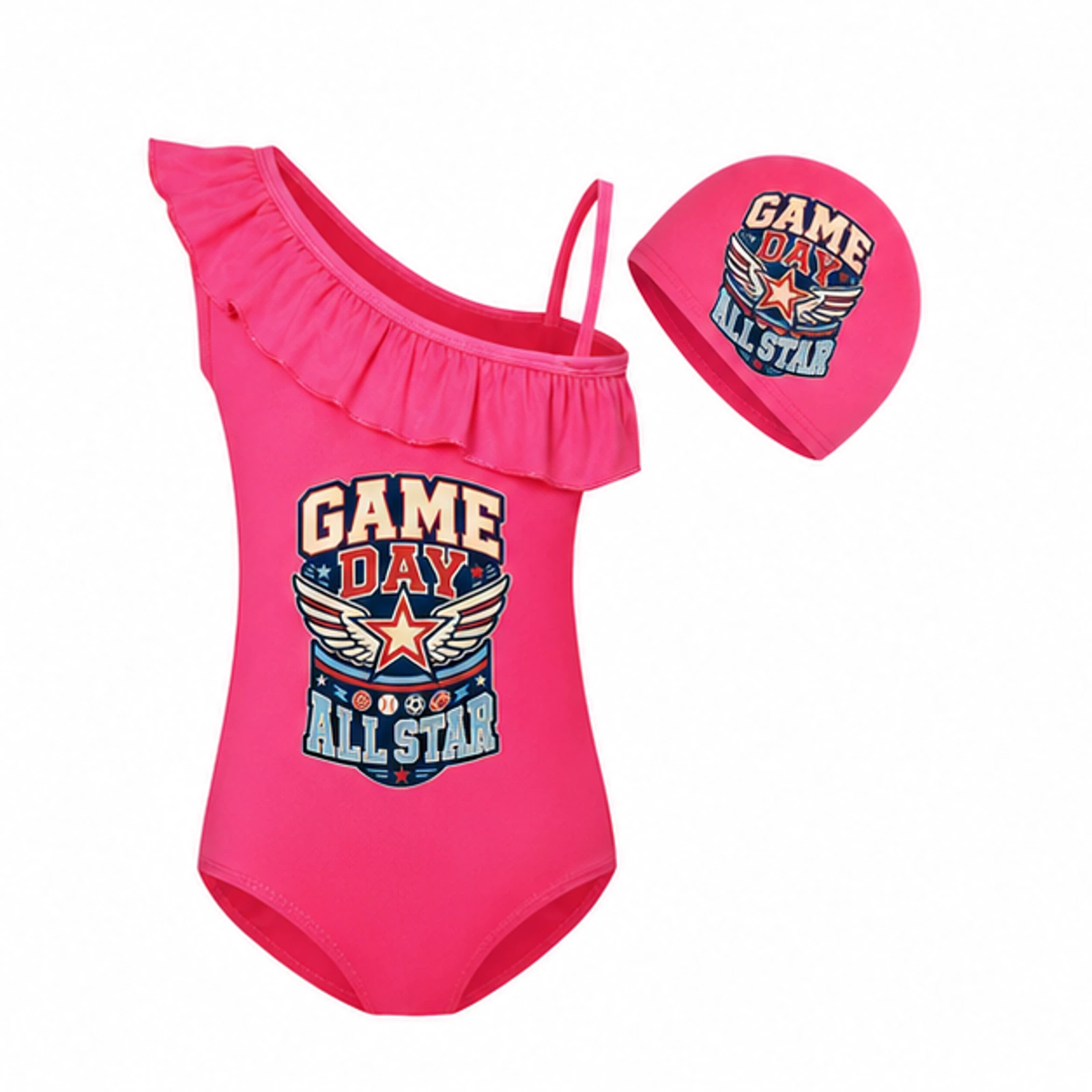 Game Day All Star Custom Girls Asymmetric-Ruffle Swimsuit and Cap Set, AI-redrawn from the exact blank product and approved logo reference, alternate clean ecommerce view