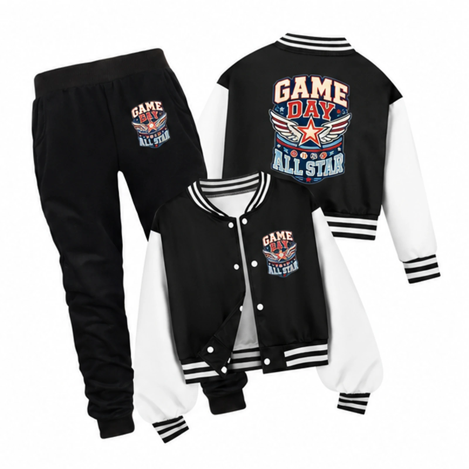 Game Day All Star Custom Kids Baseball Jacket and Pants Set, AI-redrawn from the exact blank product and approved logo reference, alternate approved color view