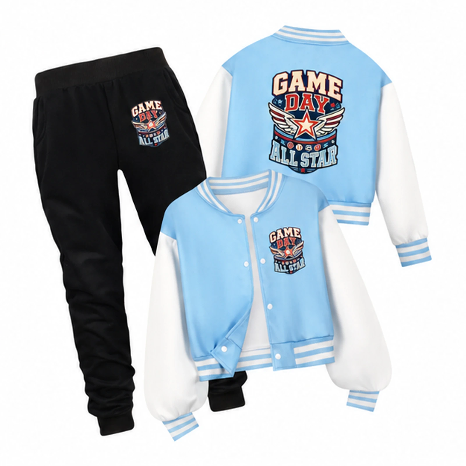 Game Day All Star Custom Kids Baseball Jacket and Pants Set, AI-redrawn from the exact blank product and approved logo reference, alternate clean ecommerce view