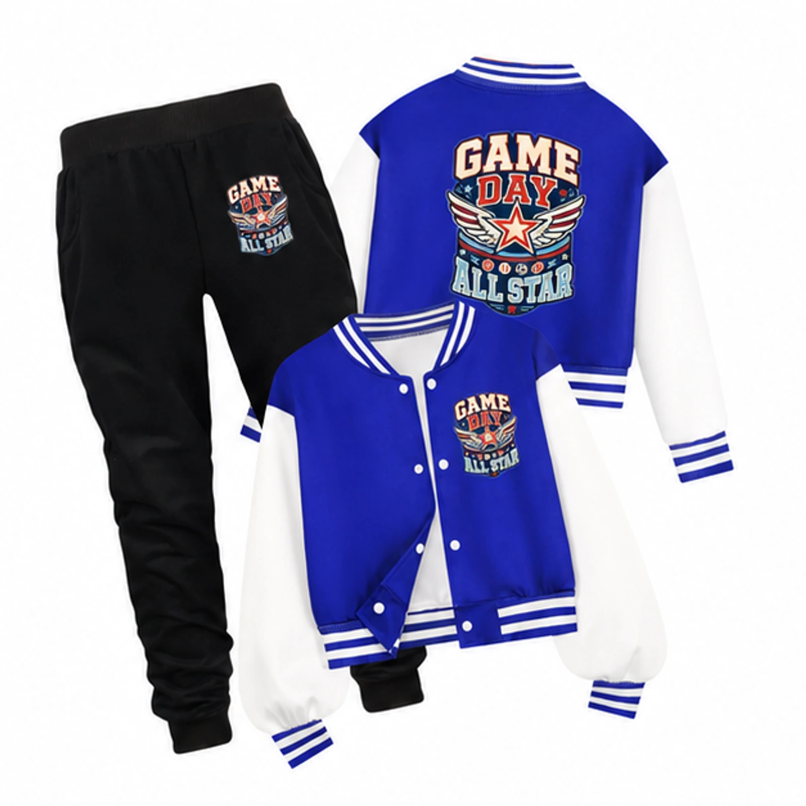 Game Day All Star Custom Kids Baseball Jacket and Pants Set, AI-redrawn from the exact blank product and approved logo reference