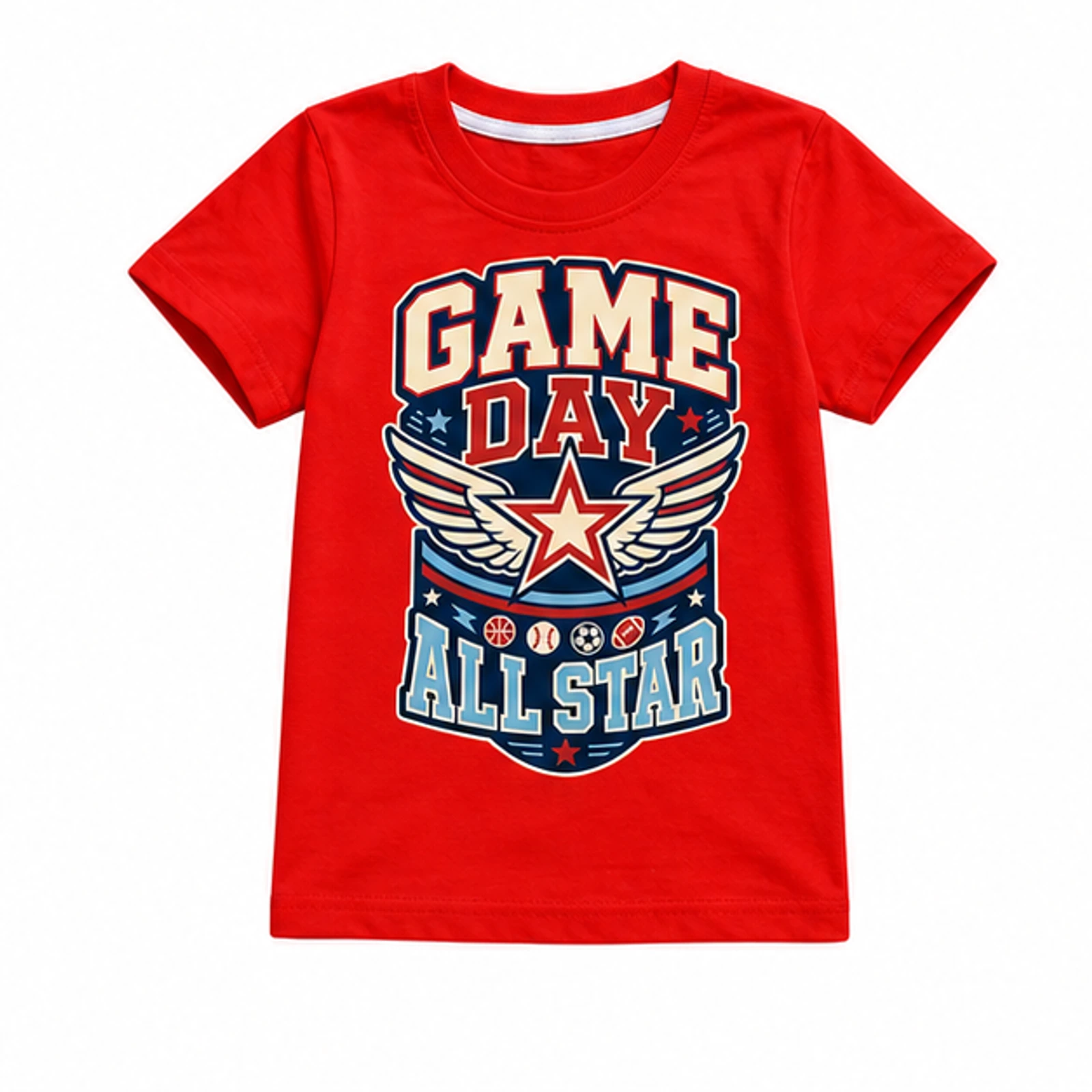Game Day All Star Custom Kids Classic Short-Sleeve T-Shirt, AI-redrawn from the exact blank product and approved logo reference, alternate clean ecommerce view
