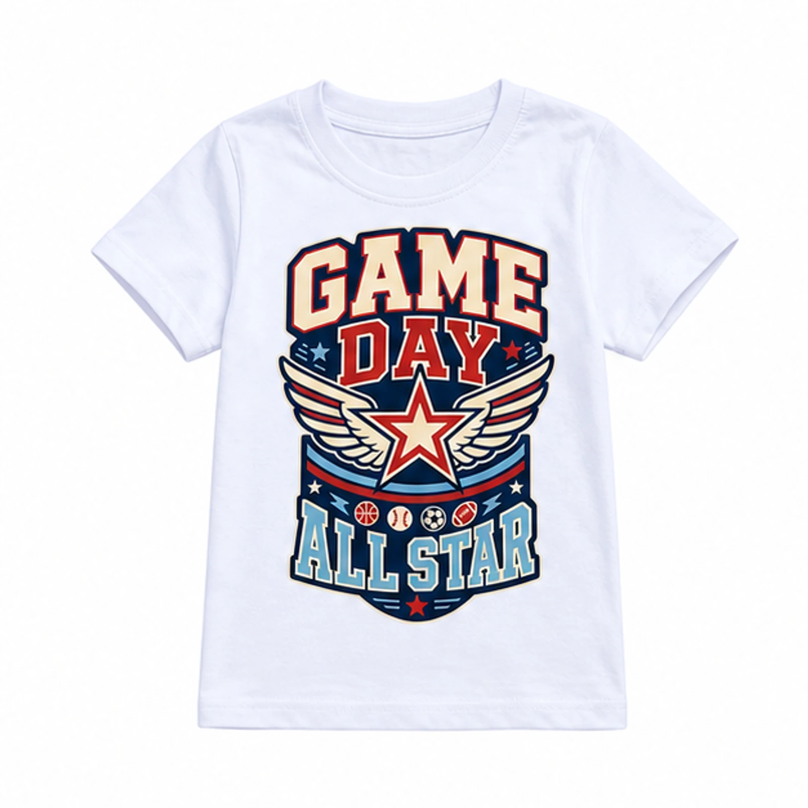 Game Day All Star Custom Kids Classic Short-Sleeve T-Shirt, AI-redrawn from the exact blank product and approved logo reference