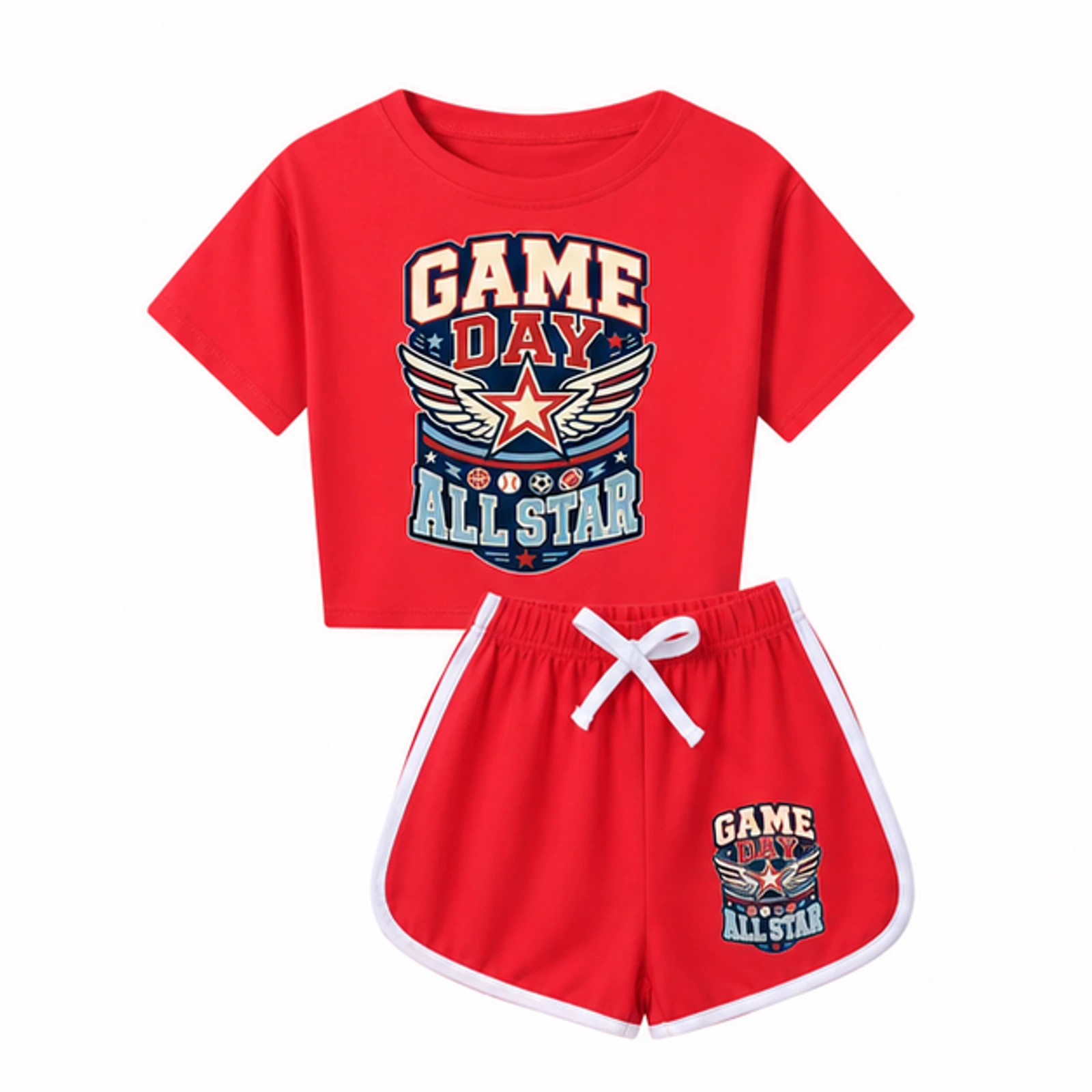 Red option for Game Day All Star Custom Kids Checker Short-Sleeve Top and Shorts Set, AI-redrawn from the exact blank product and approved logo reference
