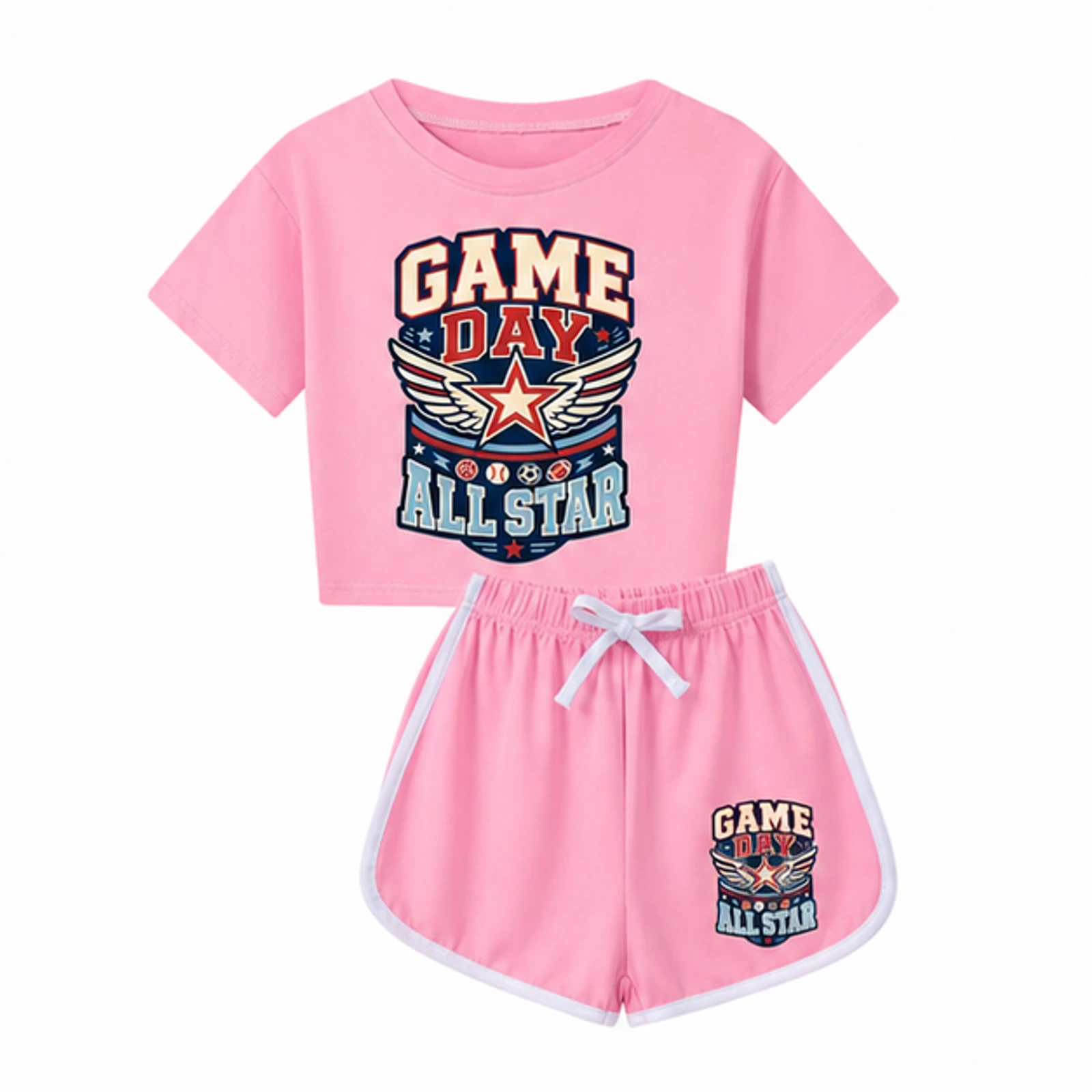 Pink option for Game Day All Star Custom Kids Checker Short-Sleeve Top and Shorts Set, AI-redrawn from the exact blank product and approved logo reference