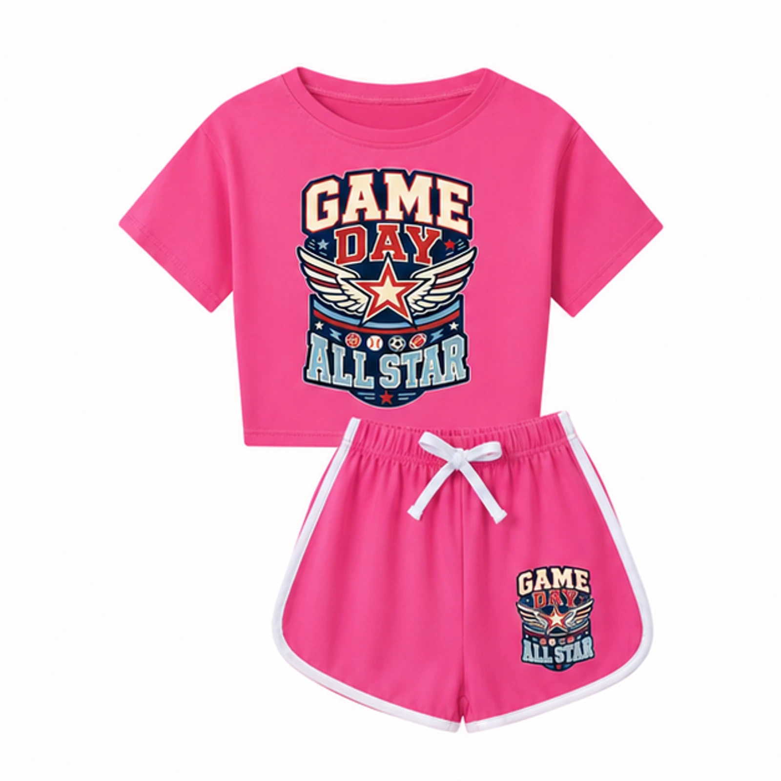 Game Day All Star Custom Kids Checker Short-Sleeve Top and Shorts Set, AI-redrawn from the exact blank product and approved logo reference, alternate clean ecommerce view