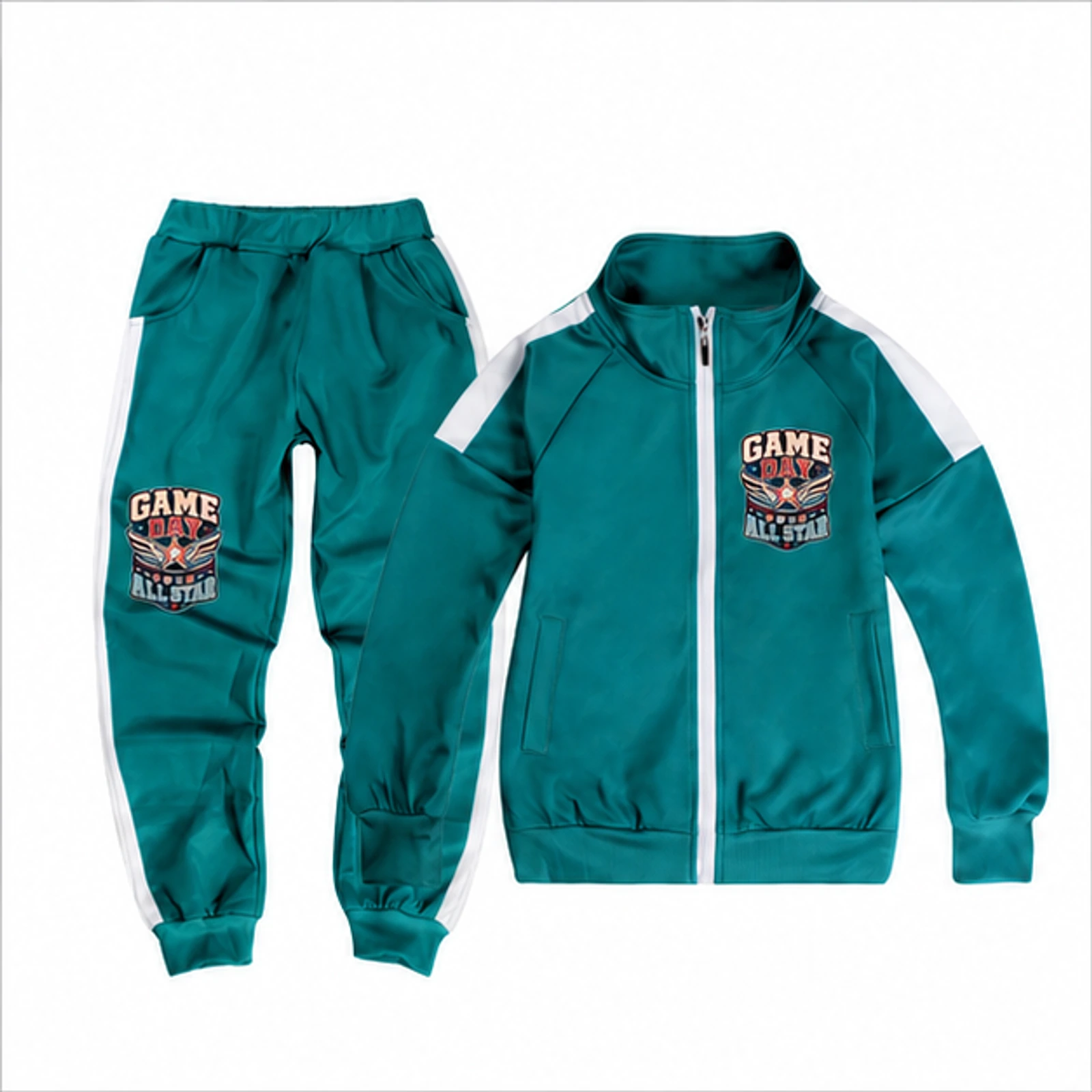 Game Day All Star Custom Kids Color-Block Jacket and Pants Set, AI-redrawn from the exact blank product and approved logo reference, alternate approved color view