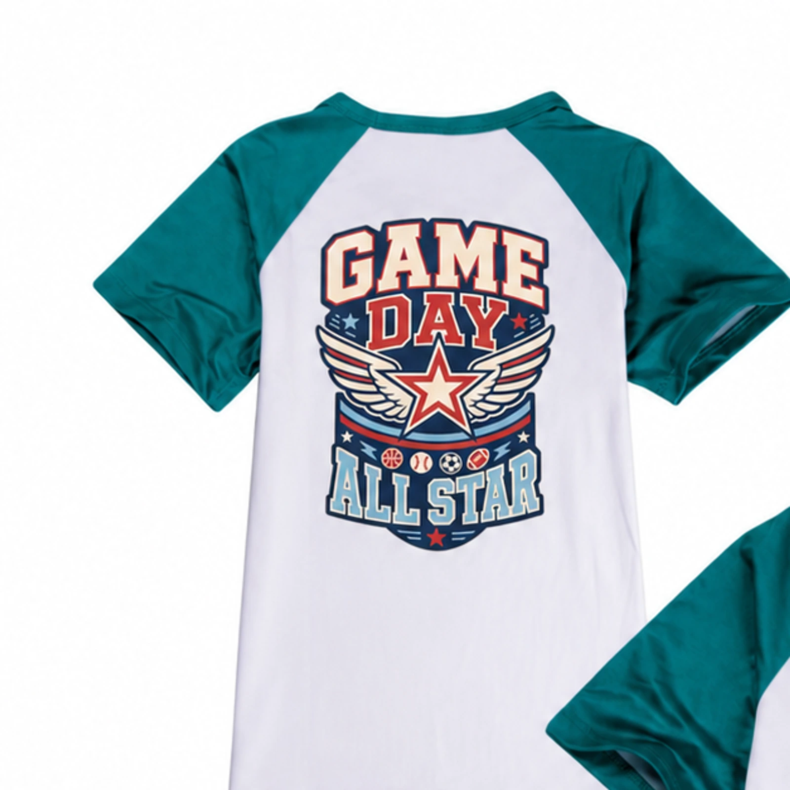 Game Day All Star Custom Kids Color-Block T-Shirt, AI-redrawn from the exact blank product and approved logo reference, alternate clean ecommerce view