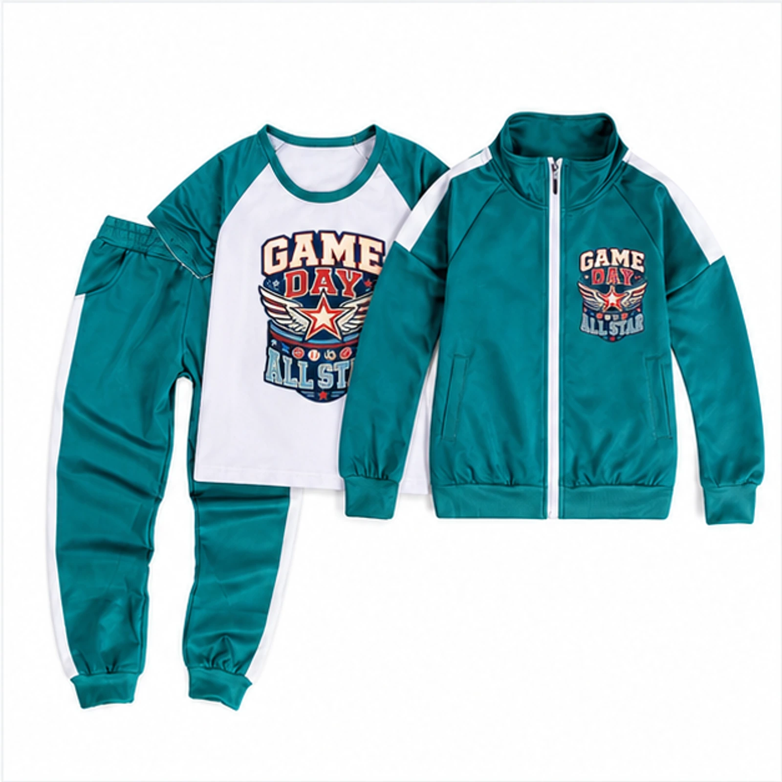 Game Day All Star Custom Kids Color-Block Three-Piece Tracksuit Set, AI-redrawn from the exact blank product and approved logo reference