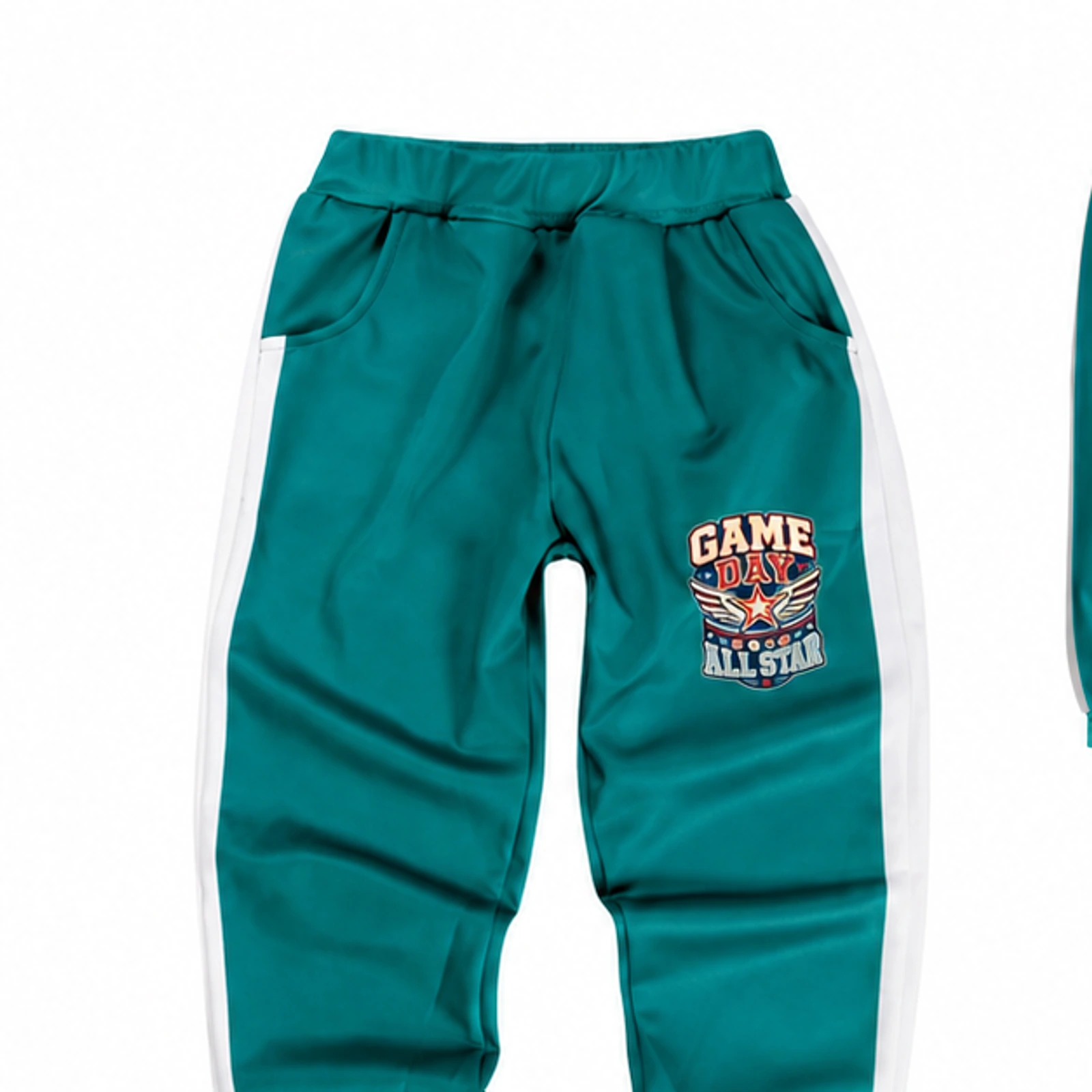 Game Day All Star Custom Kids Color-Block Tracksuit Pants, AI-redrawn from the exact blank product and approved logo reference, alternate approved color view