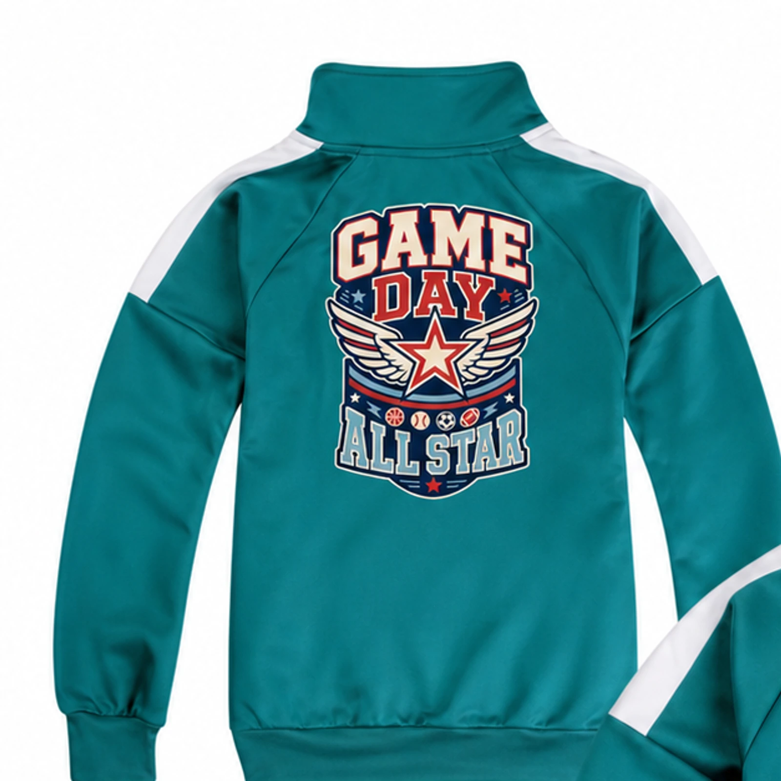 Game Day All Star Custom Kids Color-Block Zip Jacket, AI-redrawn from the exact blank product and approved logo reference, alternate approved color view