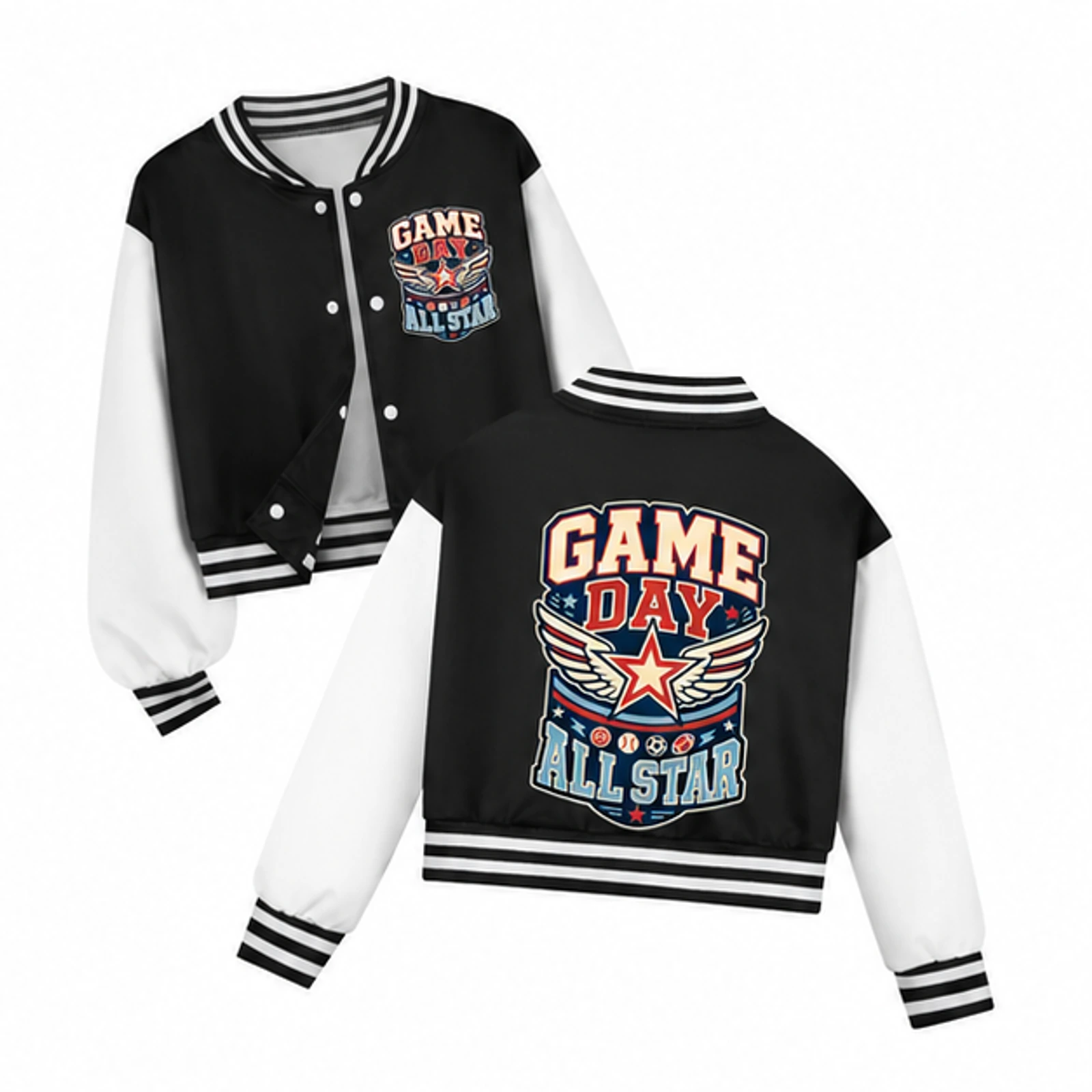 Game Day All Star Custom Kids Cropped Baseball Jacket, AI-redrawn from the exact blank product and approved logo reference, alternate approved color view