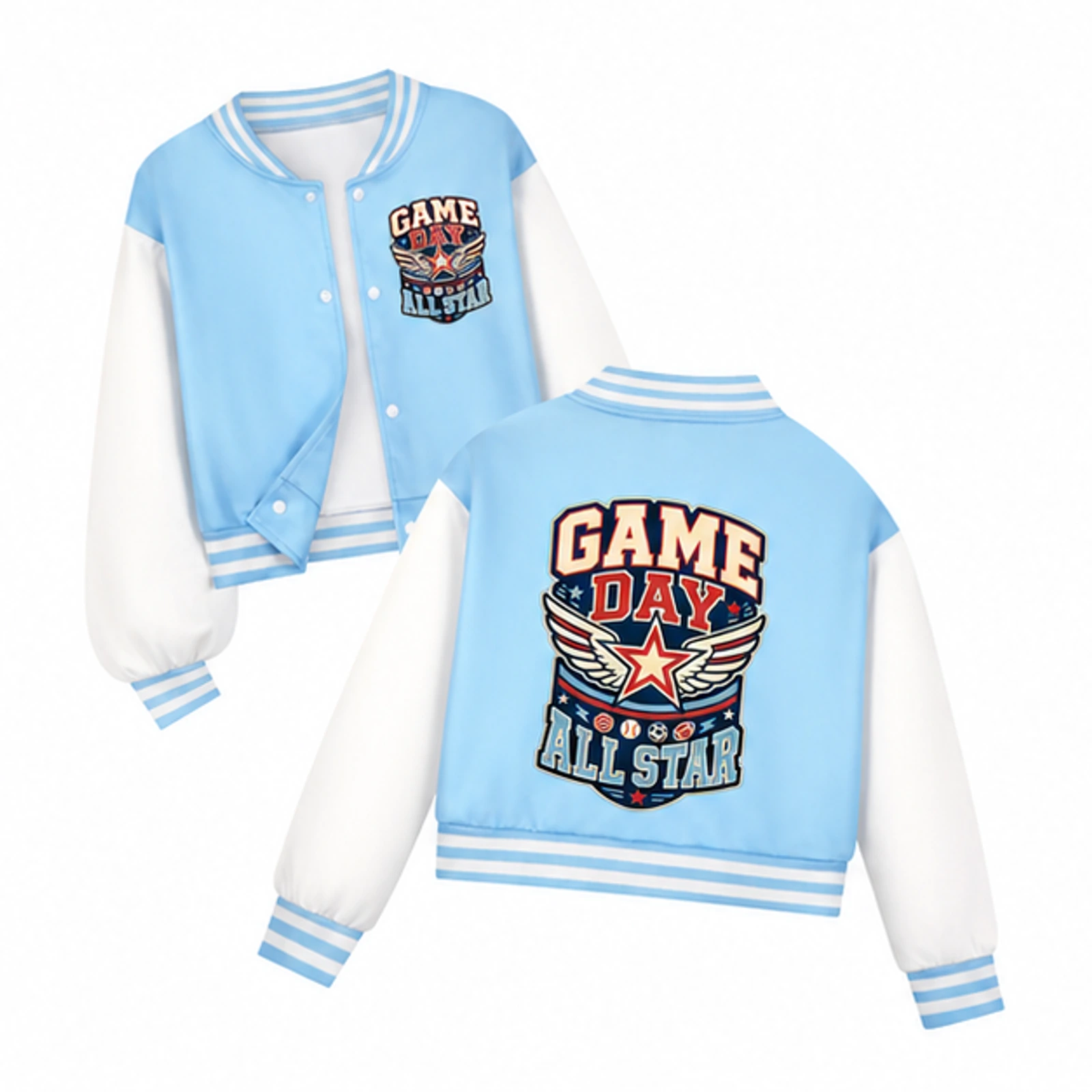 Game Day All Star Custom Kids Cropped Baseball Jacket, AI-redrawn from the exact blank product and approved logo reference, alternate clean ecommerce view