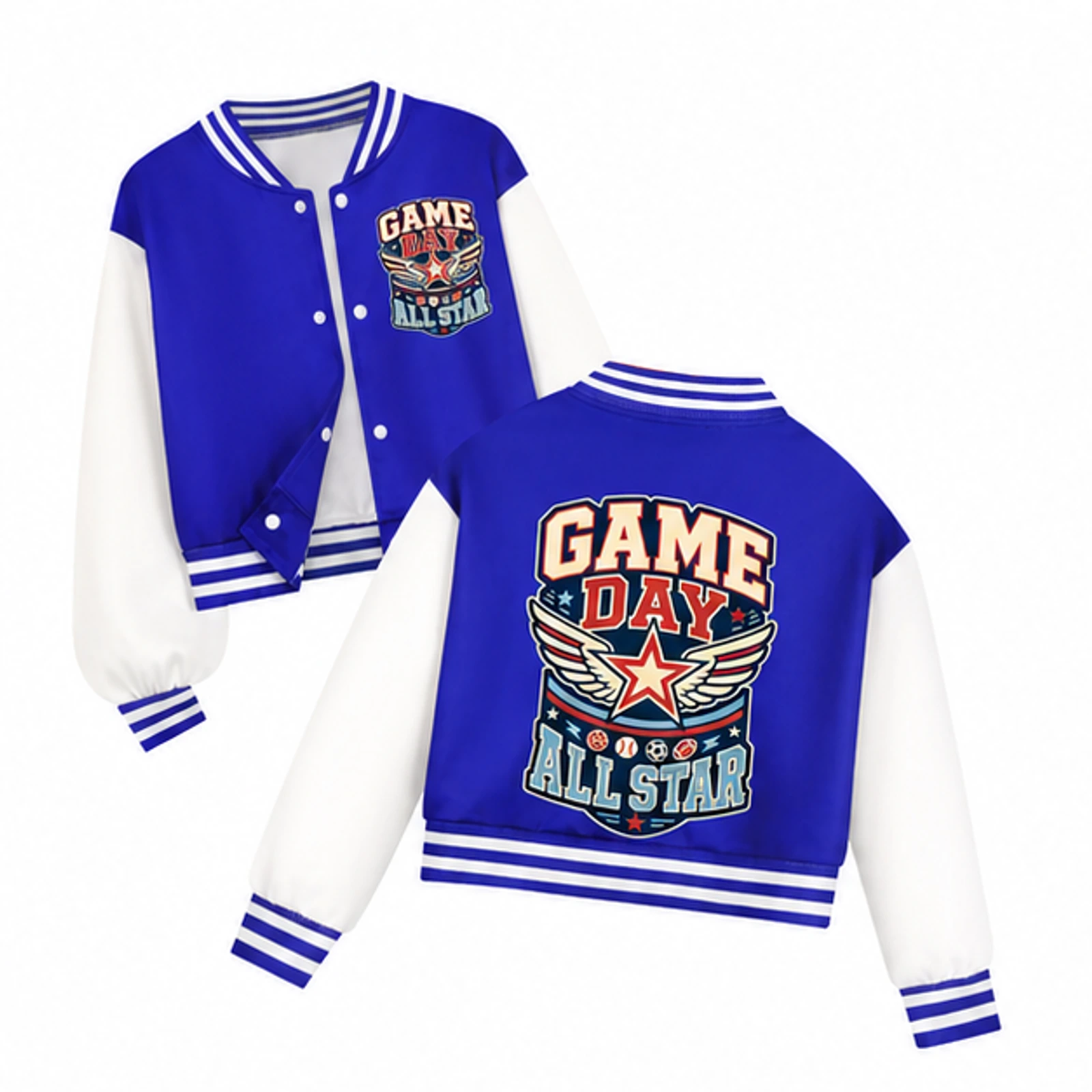 Game Day All Star Custom Kids Cropped Baseball Jacket, AI-redrawn from the exact blank product and approved logo reference