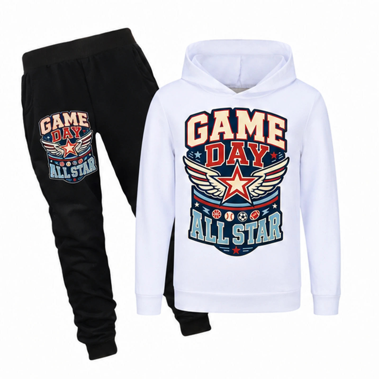 White option for Game Day All Star Custom Kids Hoodie and Jogger Set, AI-redrawn from the exact blank product and approved logo reference