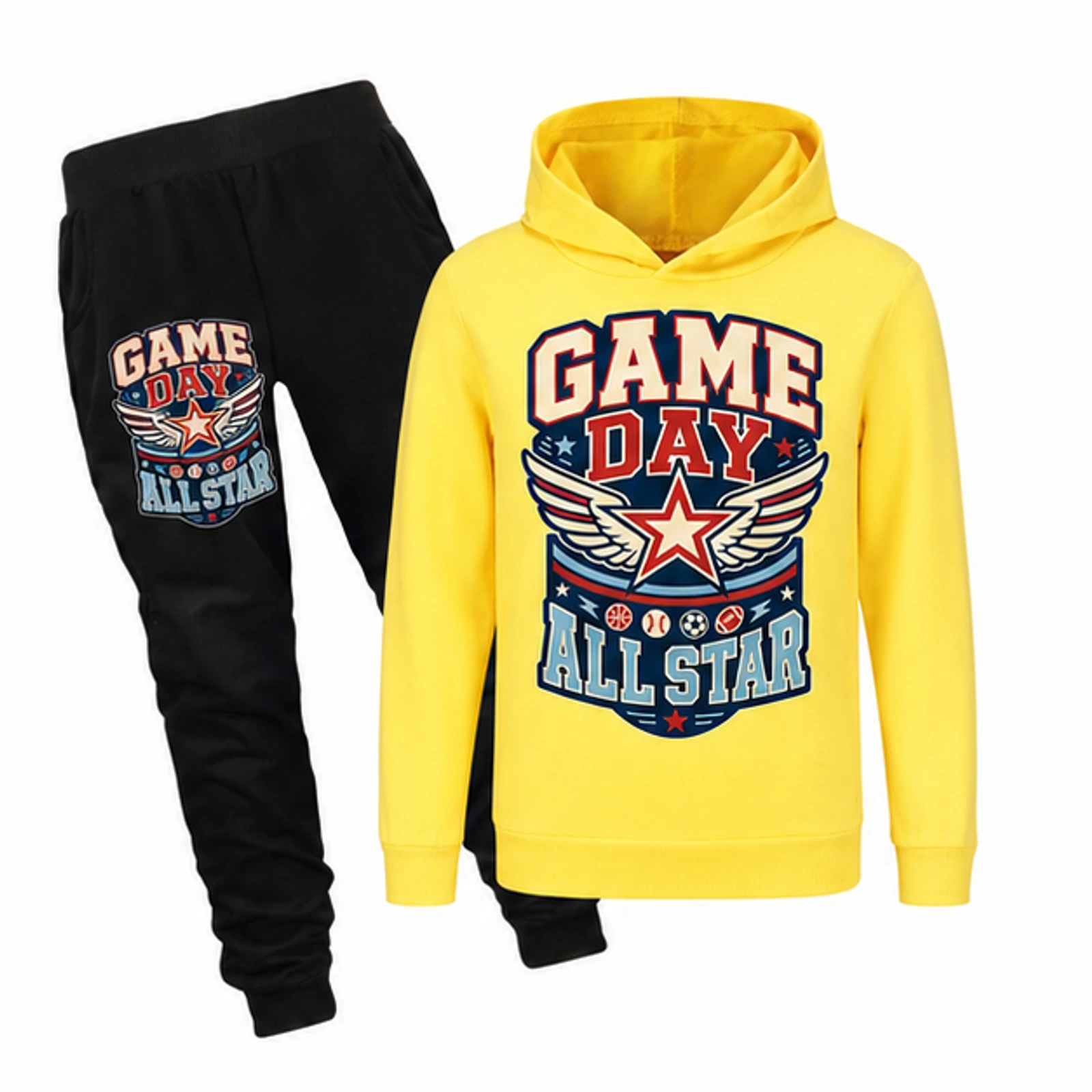 Yellow option for Game Day All Star Custom Kids Hoodie and Jogger Set, AI-redrawn from the exact blank product and approved logo reference