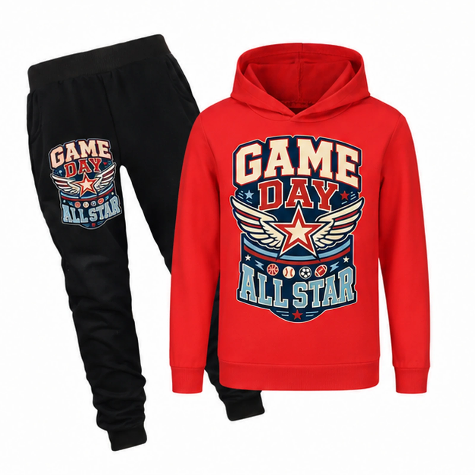 Game Day All Star Custom Kids Hoodie and Jogger Set, AI-redrawn from the exact blank product and approved logo reference, alternate clean ecommerce view