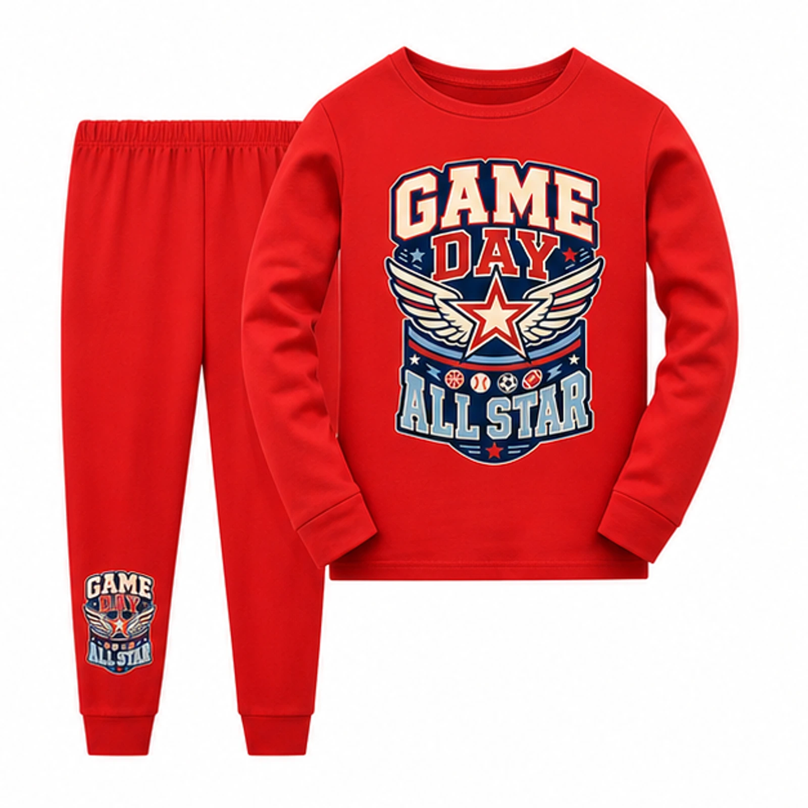 Game Day All Star Custom Kids Long Pajama Set, AI-redrawn from the exact blank product and approved logo reference, alternate approved color view