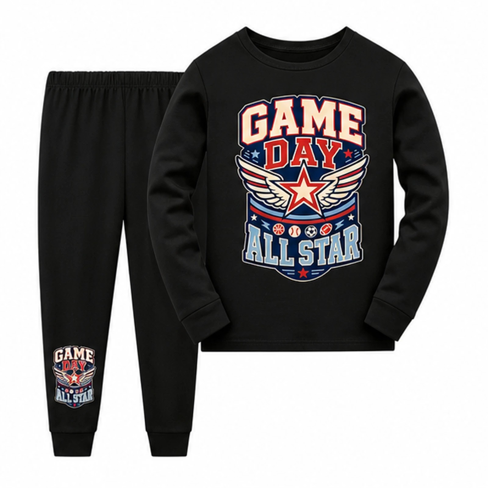 Game Day All Star Custom Kids Long Pajama Set, AI-redrawn from the exact blank product and approved logo reference, alternate clean ecommerce view