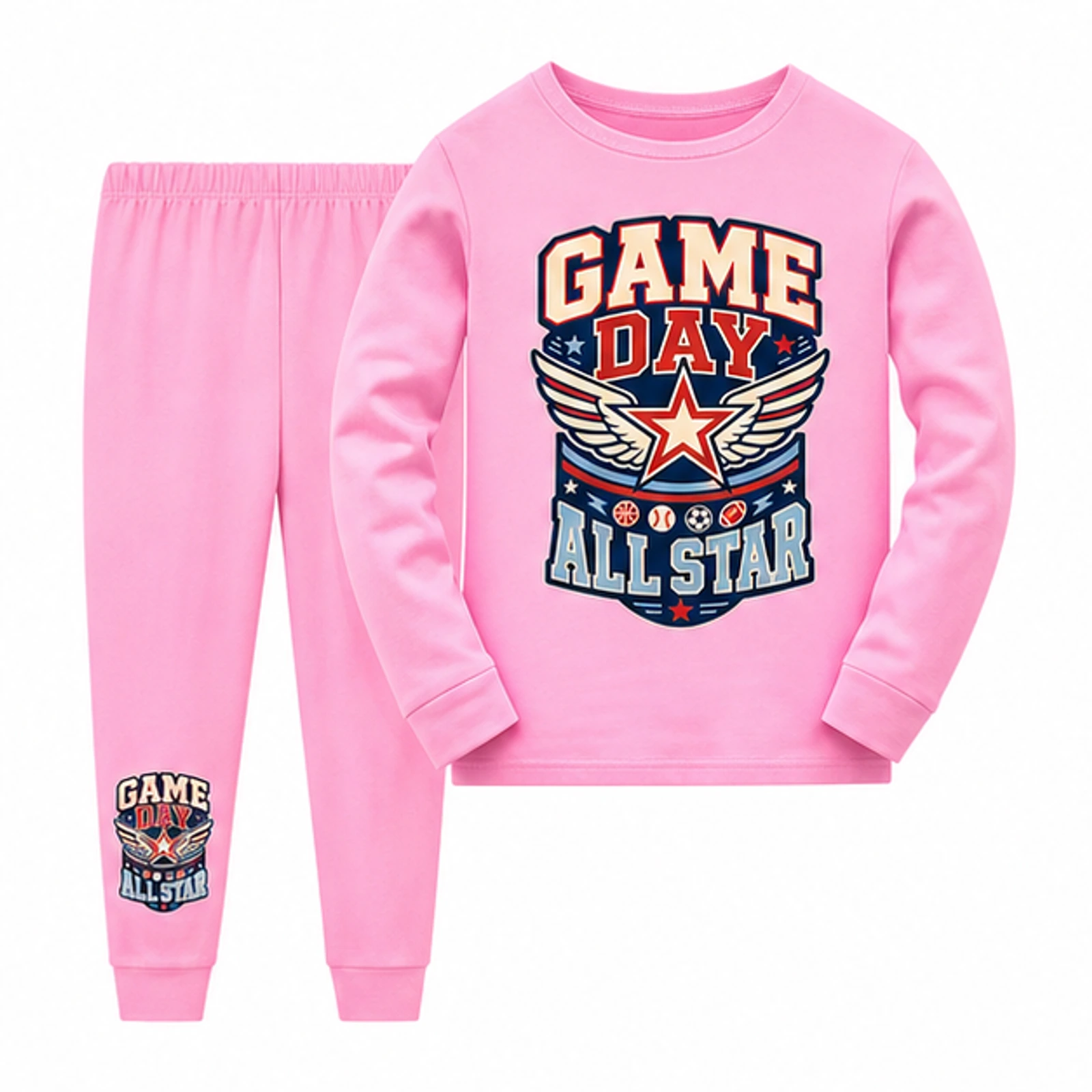 Game Day All Star Custom Kids Long Pajama Set, AI-redrawn from the exact blank product and approved logo reference