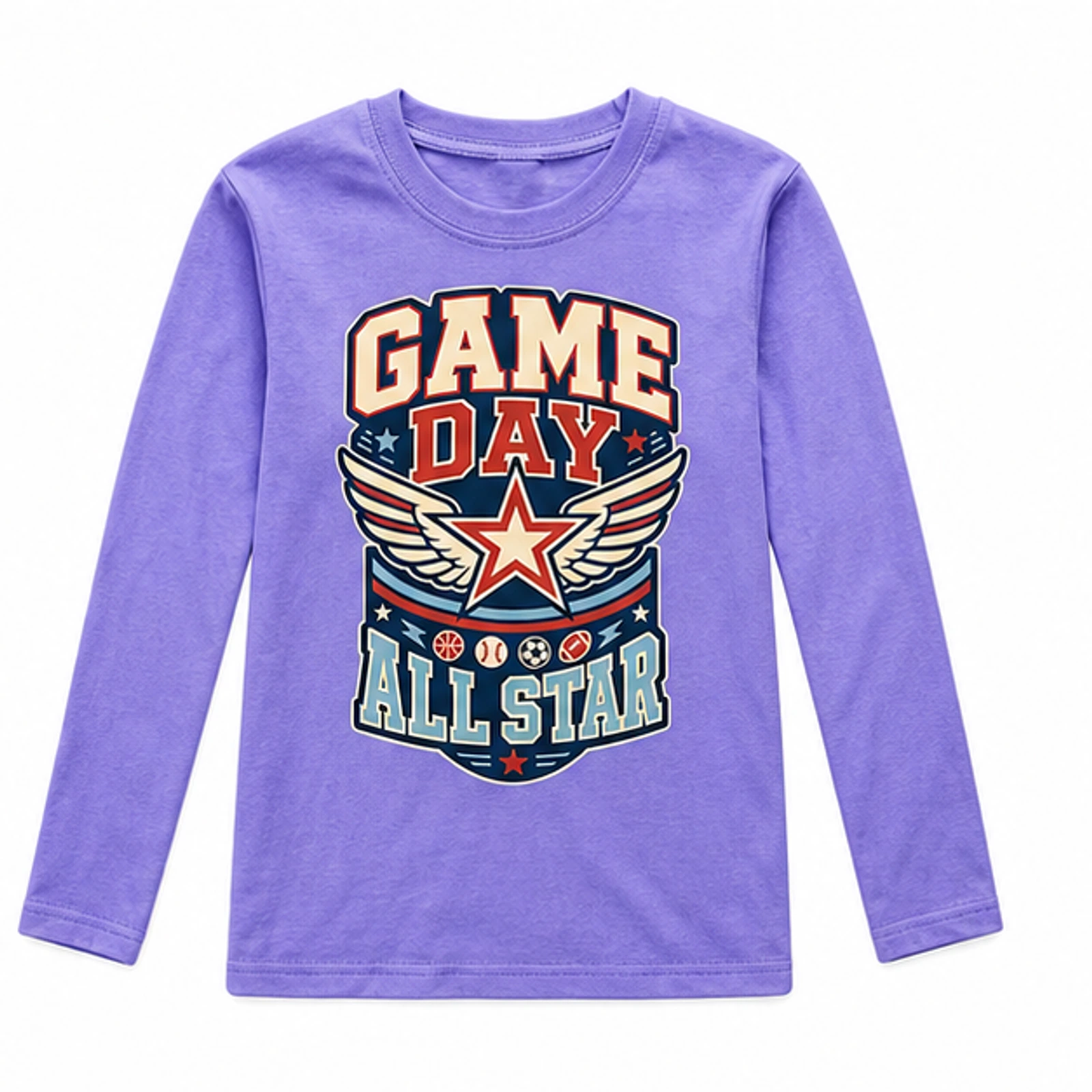 Purple option for Game Day All Star Custom Kids Long-Sleeve T-Shirt, AI-redrawn from the exact blank product and approved logo reference