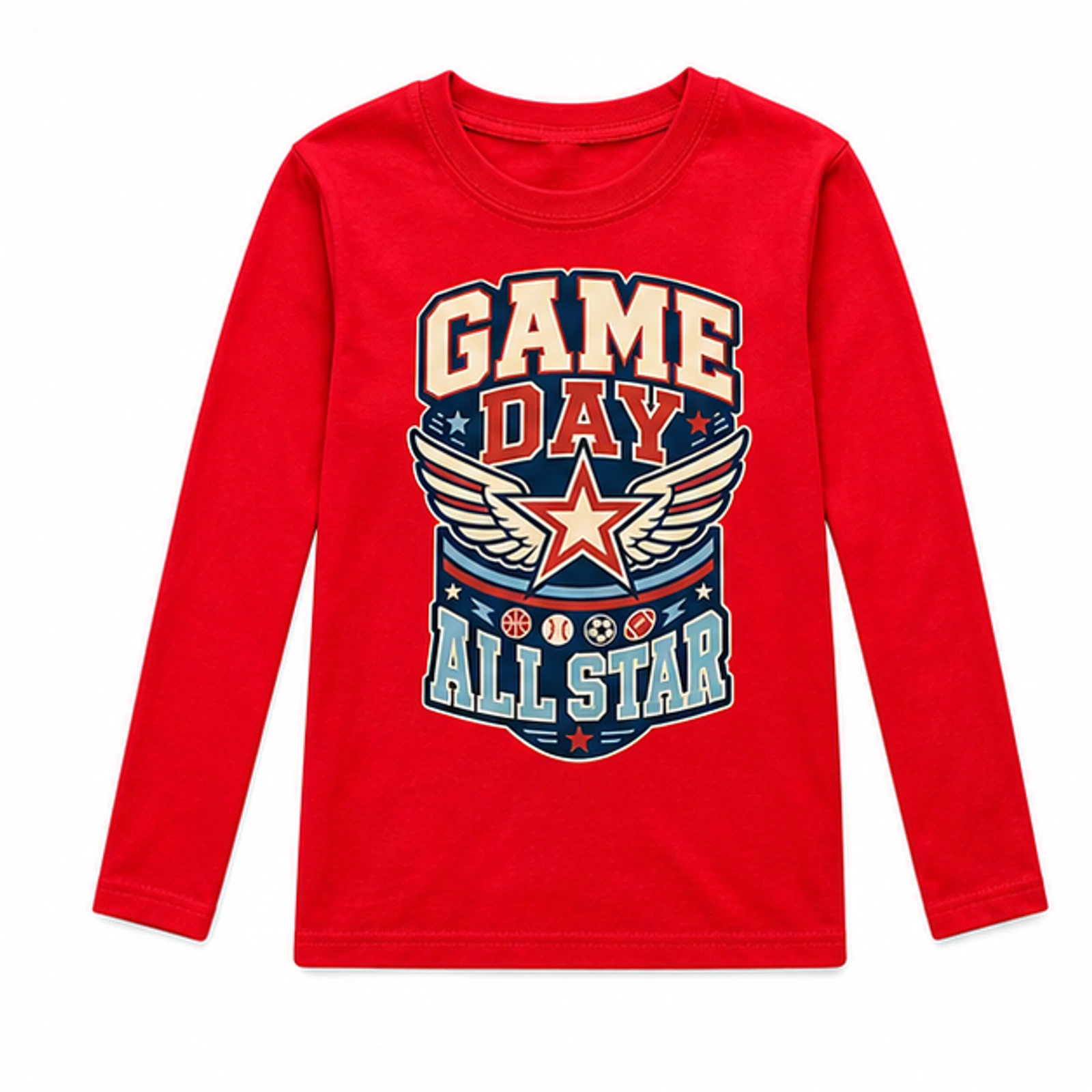 Game Day All Star Custom Kids Long-Sleeve T-Shirt, AI-redrawn from the exact blank product and approved logo reference, alternate clean ecommerce view
