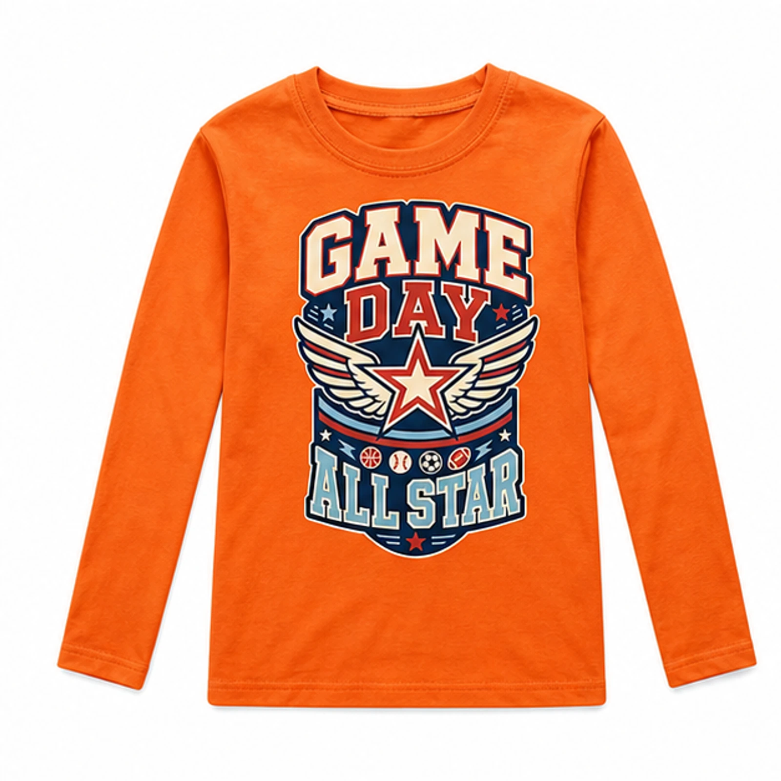 Game Day All Star Custom Kids Long-Sleeve T-Shirt, AI-redrawn from the exact blank product and approved logo reference