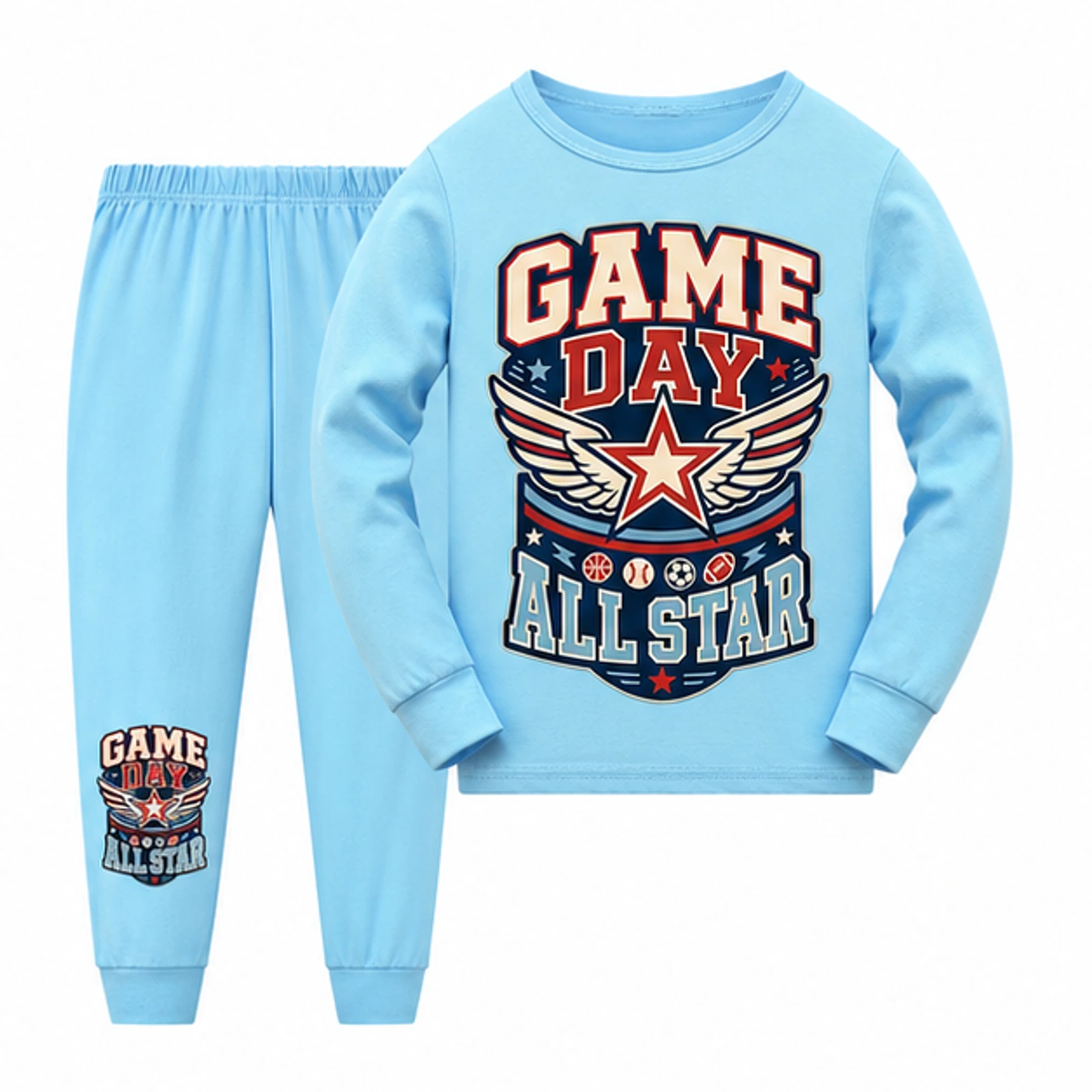 Game Day All Star Custom Kids Long-Sleeve Top and Pants Set, AI-redrawn from the exact blank product and approved logo reference, alternate approved color view