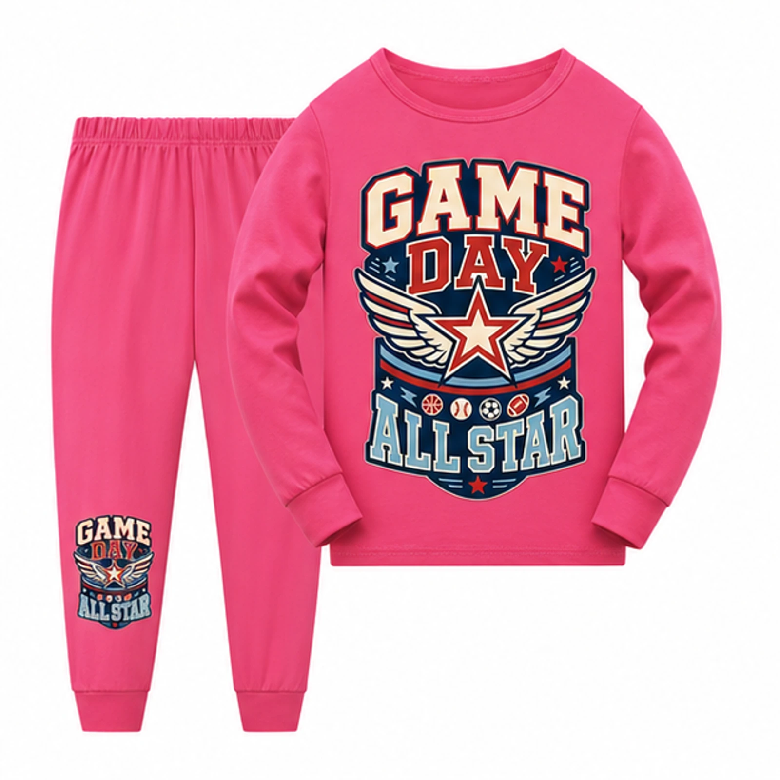 Game Day All Star Custom Kids Long-Sleeve Top and Pants Set, AI-redrawn from the exact blank product and approved logo reference, alternate clean ecommerce view