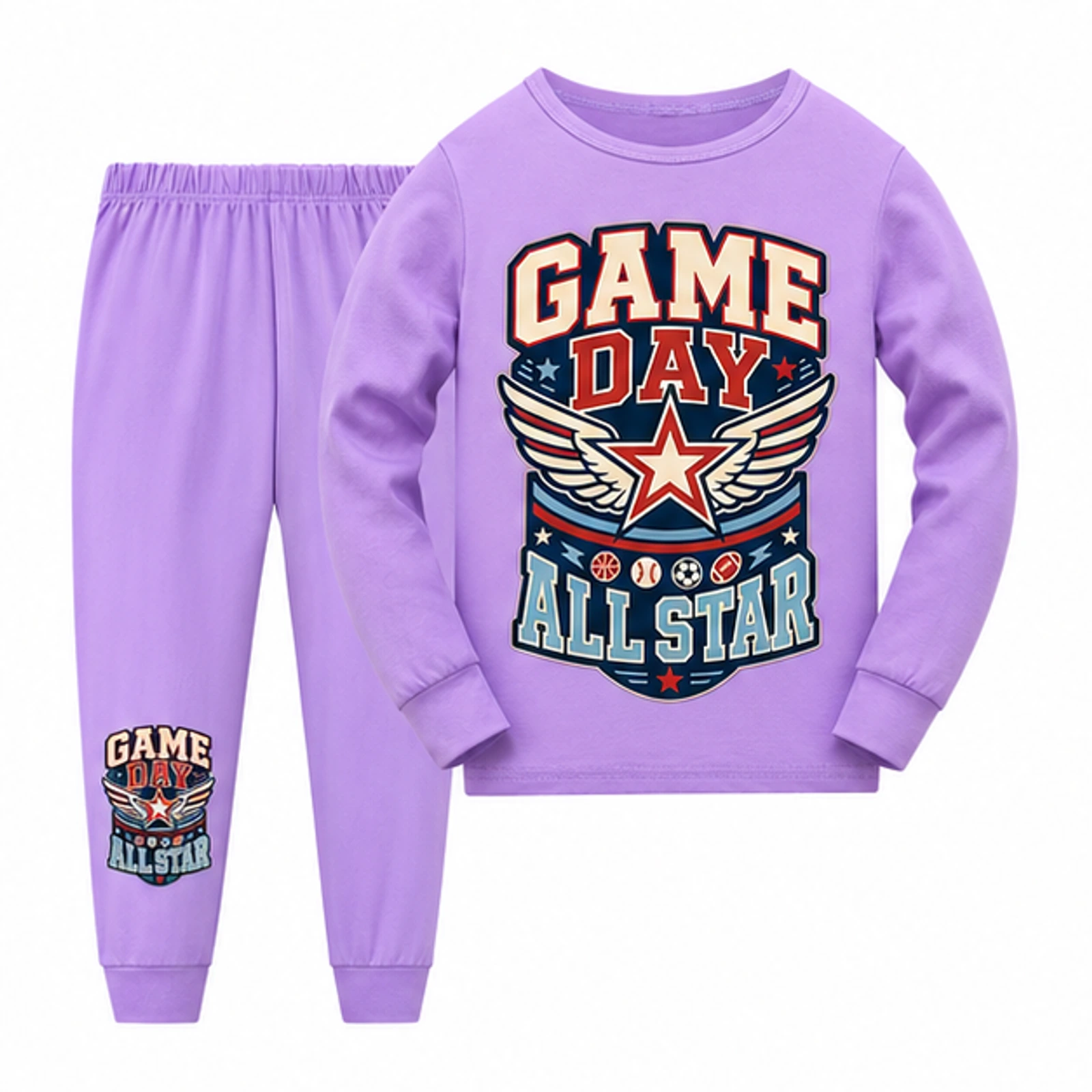 Game Day All Star Custom Kids Long-Sleeve Top and Pants Set, AI-redrawn from the exact blank product and approved logo reference