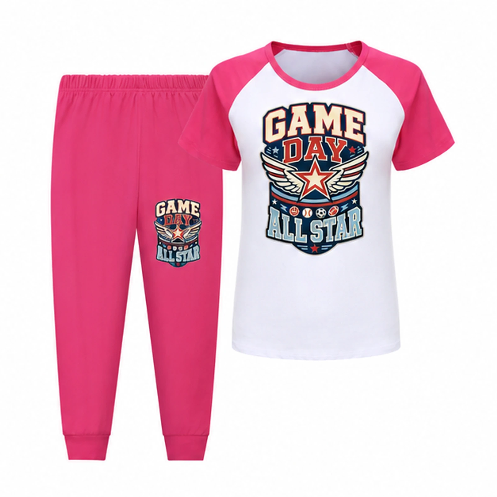 Rose Red · Long Pants option for Game Day All Star Custom Kids Short-Sleeve Top and Long Pants Sports Set, AI-redrawn from the exact blank product and approved logo reference