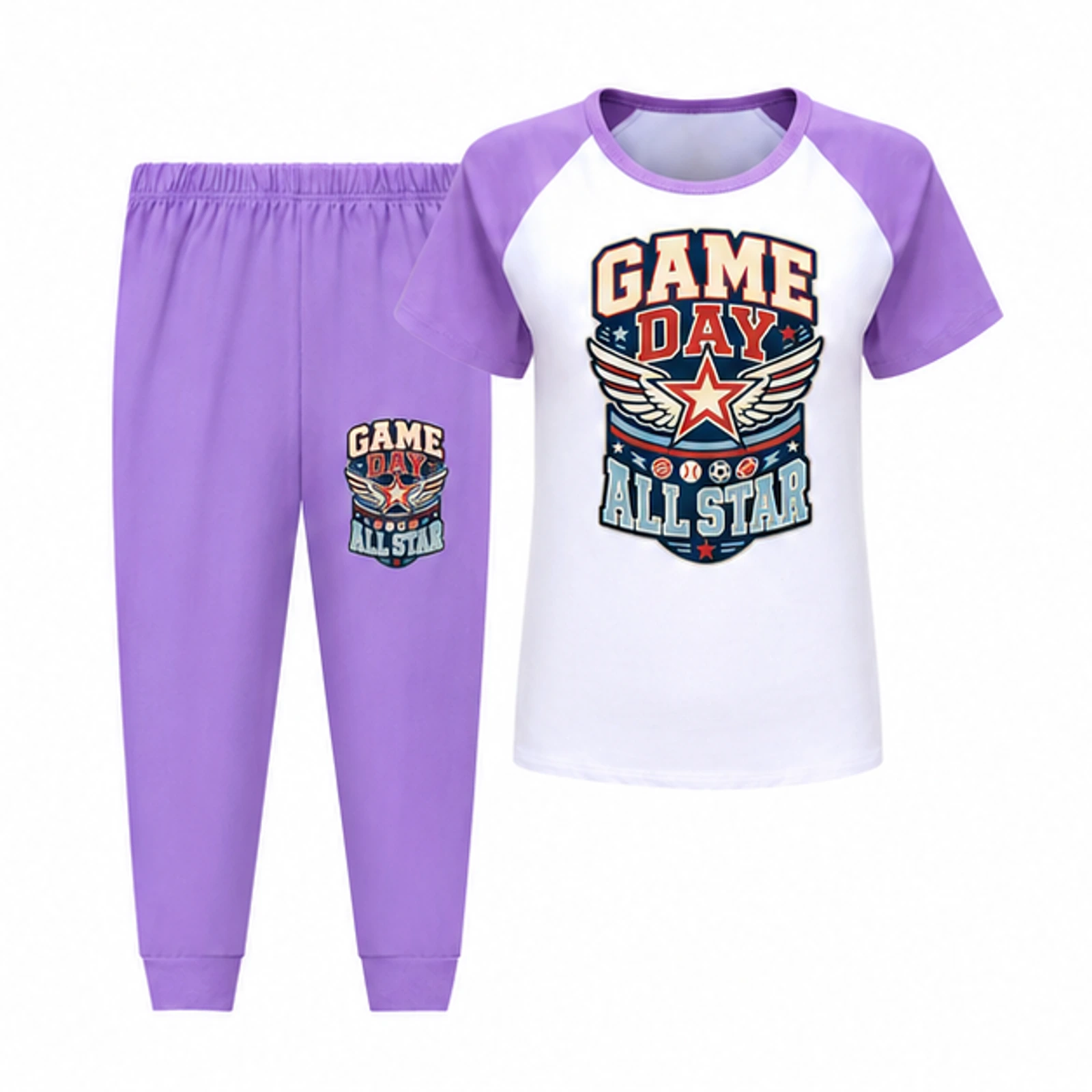 Game Day All Star Custom Kids Short-Sleeve Top and Long Pants Sports Set, AI-redrawn from the exact blank product and approved logo reference, alternate clean ecommerce view