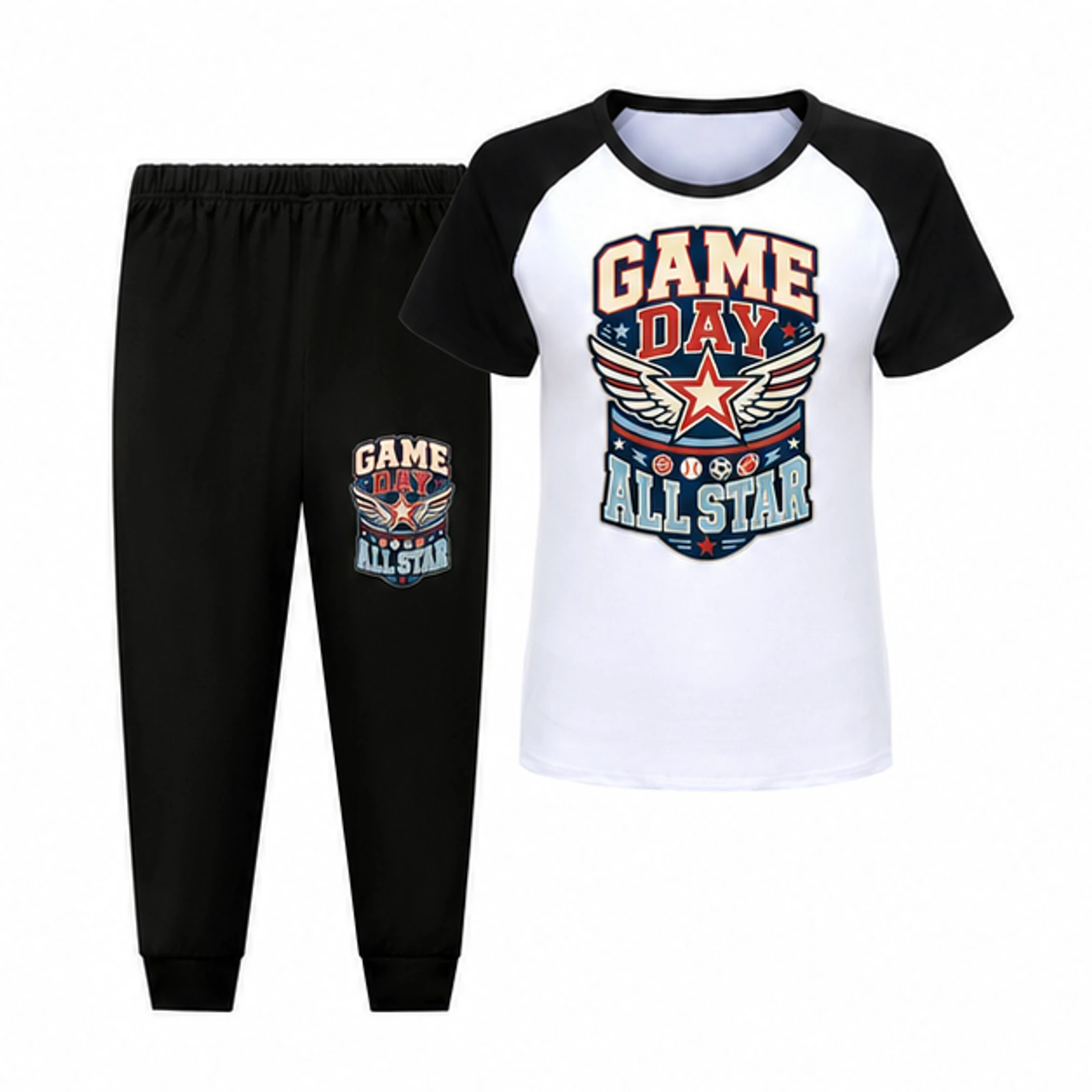 Game Day All Star Custom Kids Short-Sleeve Top and Long Pants Sports Set, AI-redrawn from the exact blank product and approved logo reference